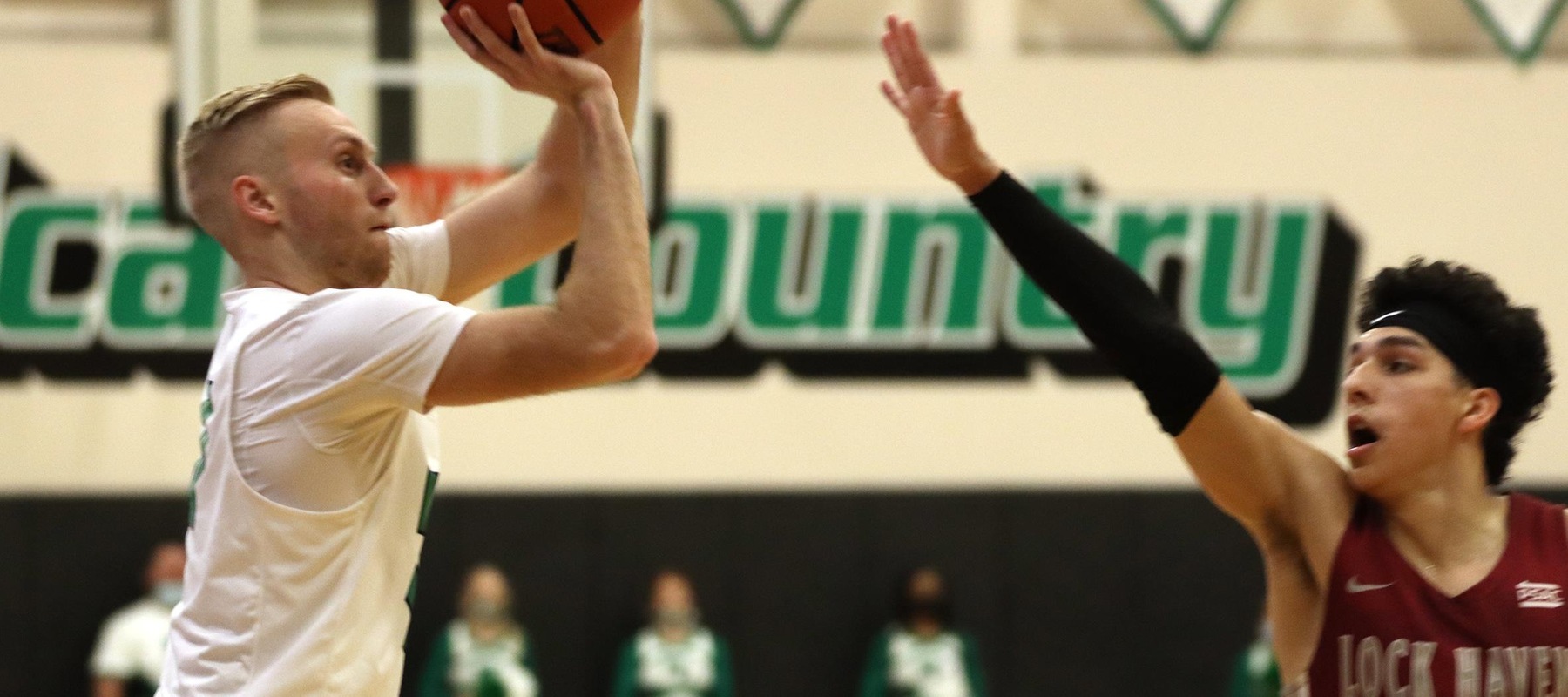 File photo of Caleb Matthews who sank seven three-pointers and ended with 26 points at Goldey-Beacom. Copyright 2021; Wilmington University. All rights reserved. Photo by Trudy Spence. December 11 vs. Lock Haven.