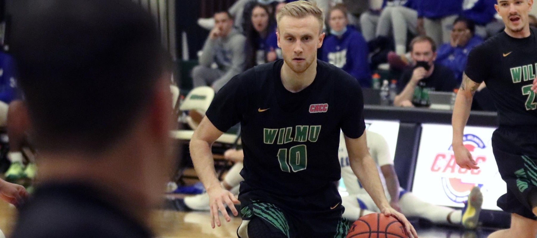 File photo of Caleb Matthews who scored 20 of his 26 points in the second half at Post.  Copyright 2022; Wilmington University. All rights reserved. Photo by Dan Lauletta. February 15, 2022 vs. Georgian Court.