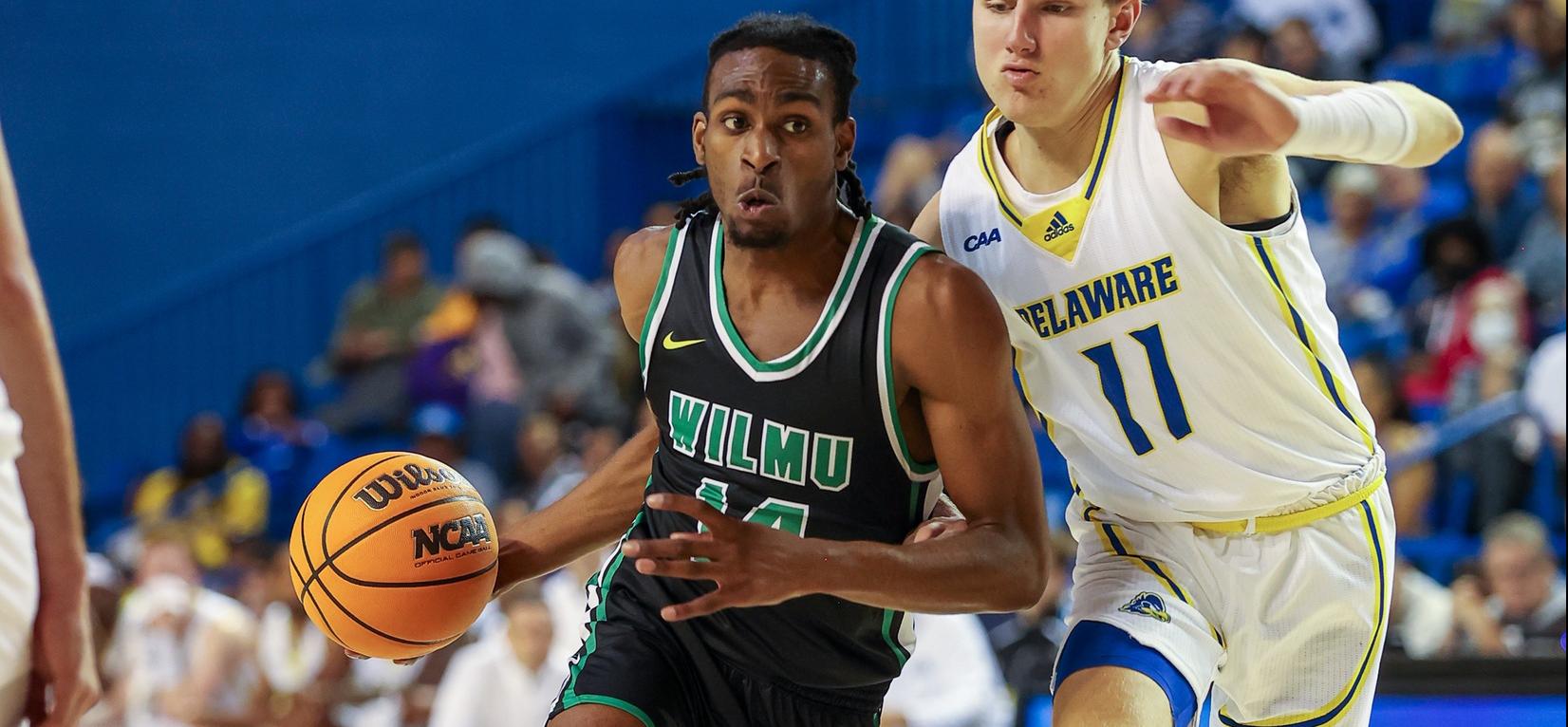 File photo of Justin Thomas who scored a game high 19 points at Chestnut Hill. Copyright 2022; Wilmington University. All rights reserved. Photo by Andre Smith. November 7, 2022 at University of Delaware.