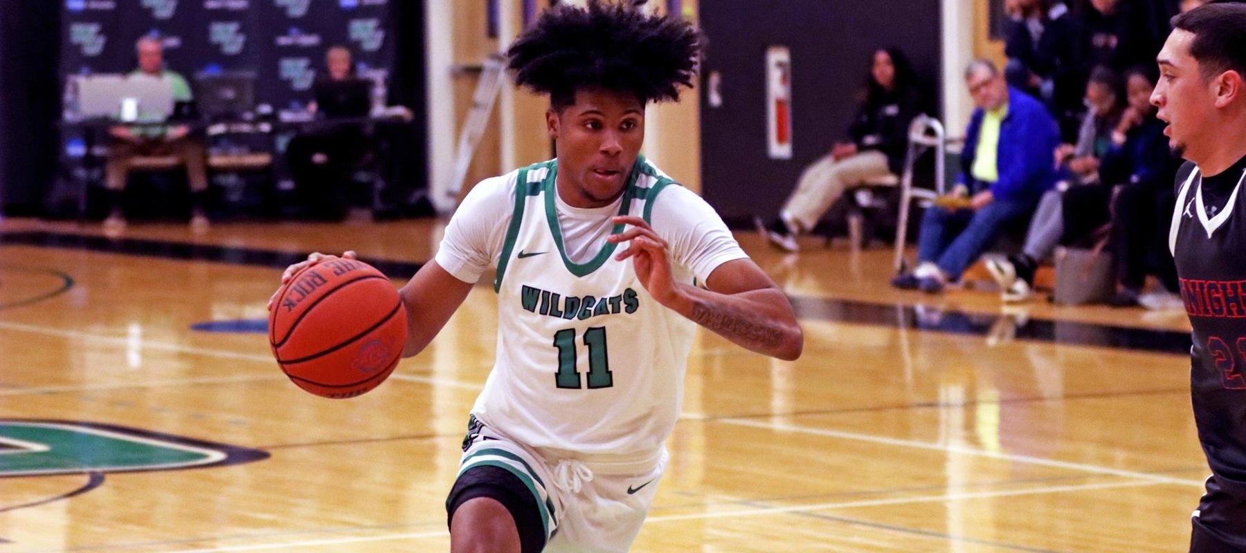 Photo of Marcus Pierce who had 16 points and four assists against Queens. Copyright 2023; Wilmington University. All rights reserved. Photo by Dan Lauletta. February 15, 2023 vs. Queens.