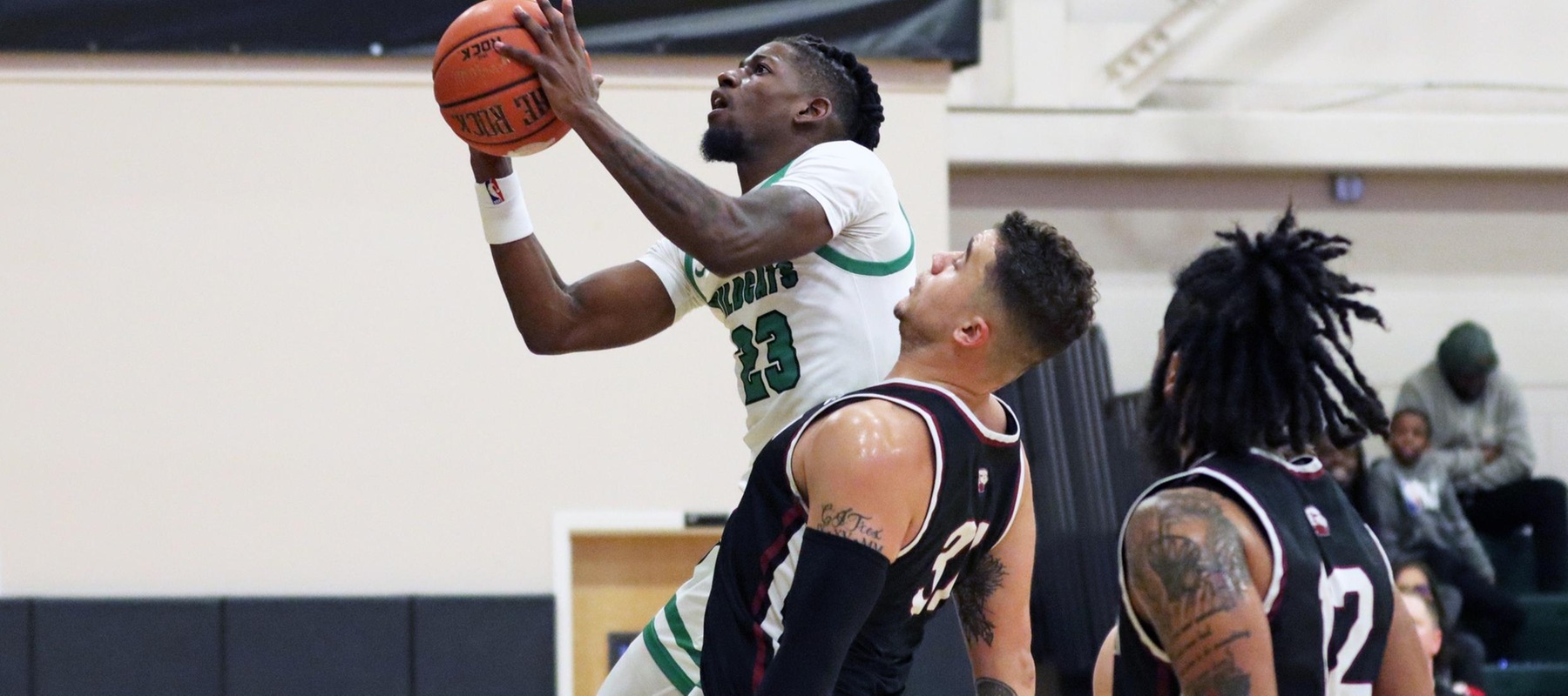 File photo of Amiri Stewart who scored 25 points while adding eight rebounds, five assists, and three steals at Queens. Copyright 2023; Wilmington University. All rights reserved. Photo by Dan Lauletta. December 9, 2023 vs. Lock Haven.