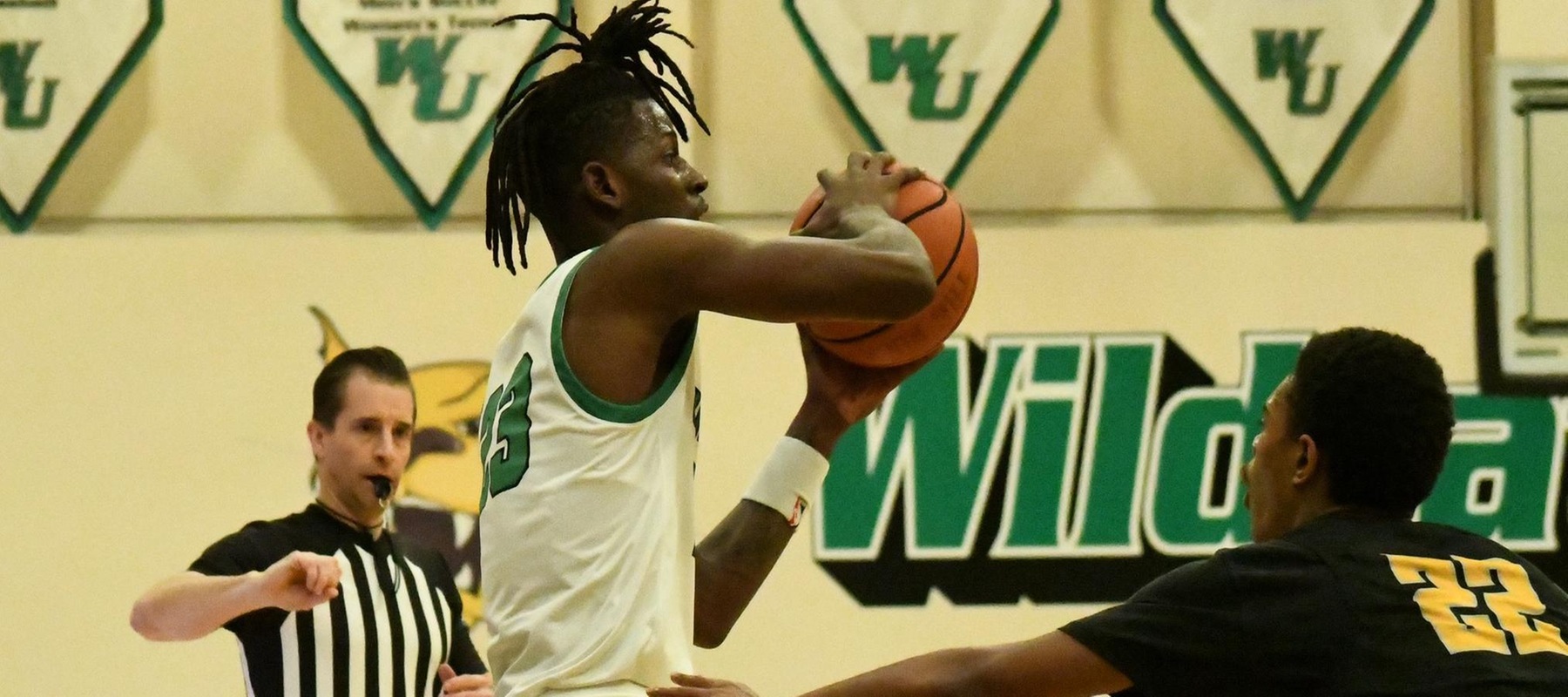 Filan photo of Amiri Stewart who scored 26 points with 5 steals against Bridgeport. Copyright 2024; Wilmington University. All rights reserved. Photo by Alea Javorowsky. January 23, 2024 vs. Goldey-Beacom.