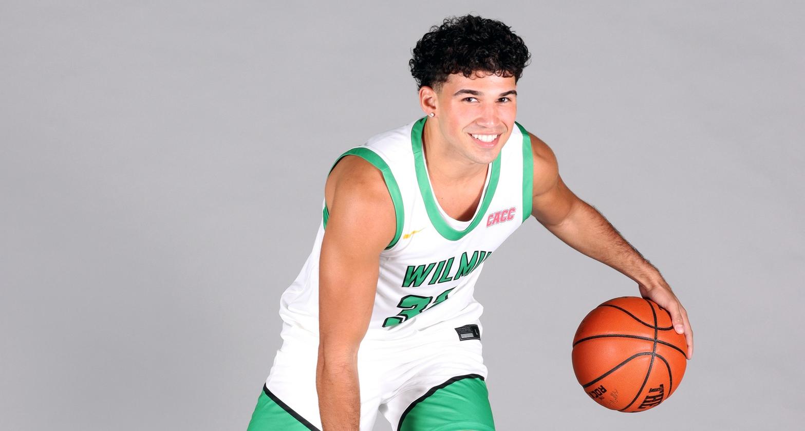 Photo of Justin Perez who scored 21 points against Shippensburg. Copyright 2024; Wilmington Univeristy. All rights reserved. Photo by Dan Lauletta.