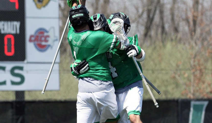 Copyright 2018; Wilmington University. All rights reserved. Photo of the celebration after Kyle Leary's goal at the end of the third quarter. Photo by Dan Lauletta. April 14, 2018 vs. Felician.
