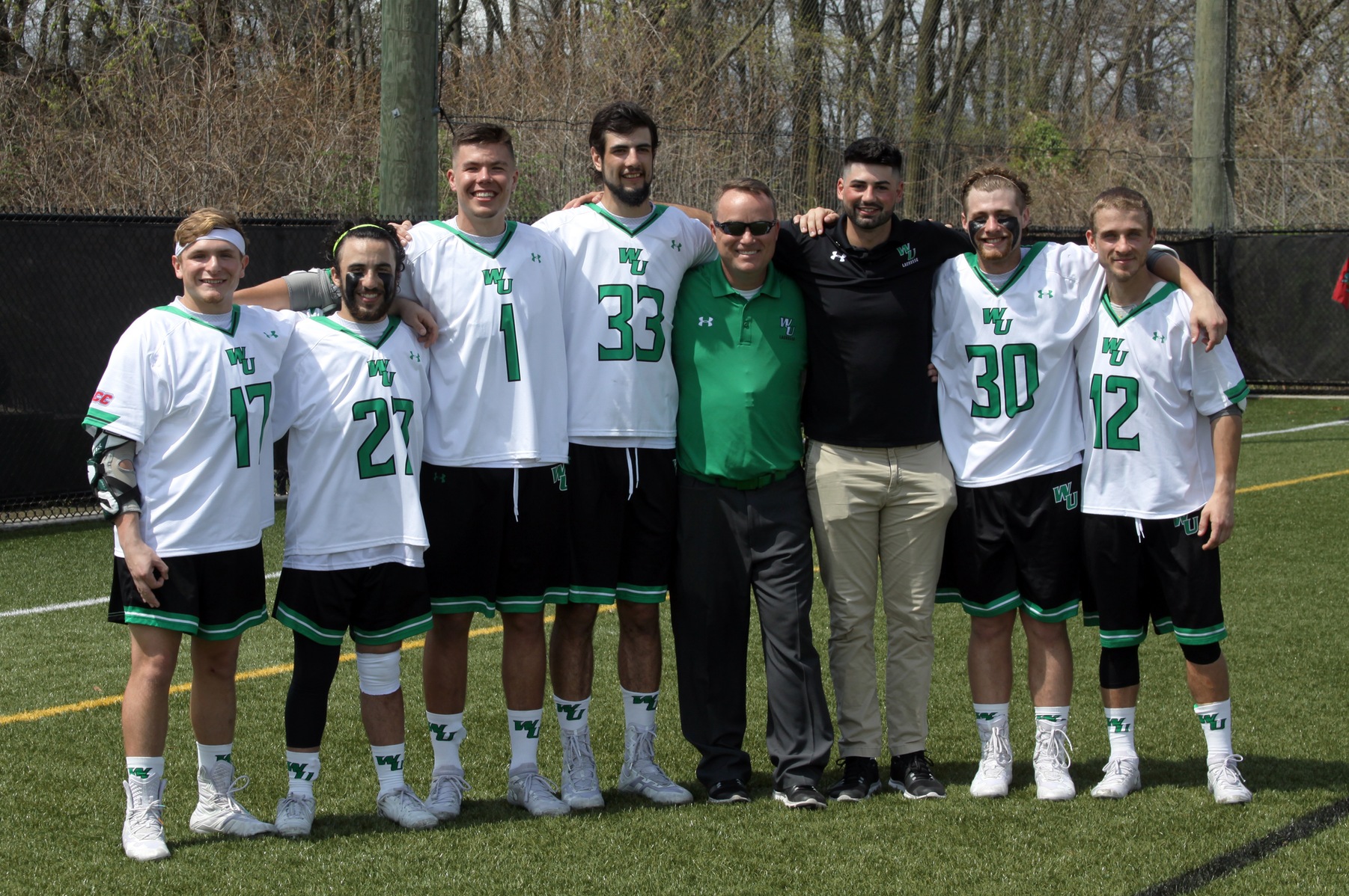 Copyright 2019; Wilmington University. All rights reserved. Photo of the seniors with head coach Christian Zwickert on April 13, 2019 vs. Post. Photo by Katlynne Tubo