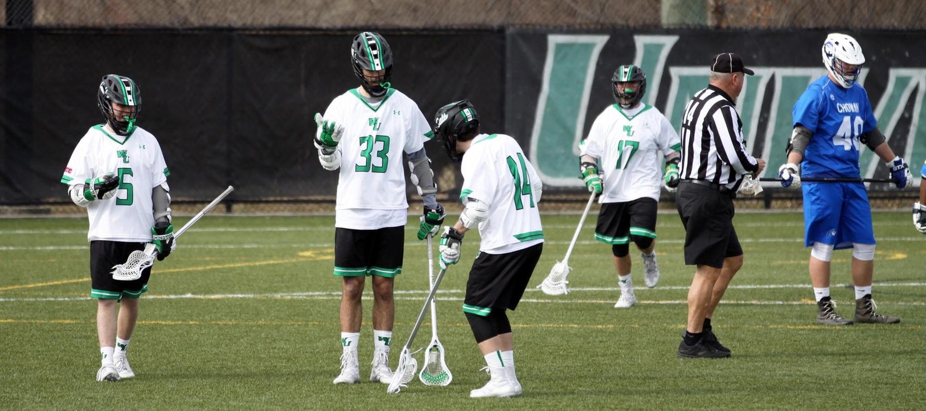 Copyright 2019; Wilmington University. All rights reserved. Photo following one of Dylan McCleaft's eight goals on Wednesday. Photo by Katlynne Tubo. March 13, 2019 vs. Chowan.