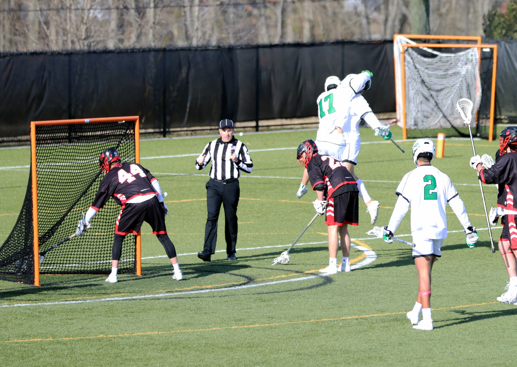 Photo following Logan Stinson's game-winning goal with 1:33 left in the fourth quarter. Copyright 2020; Wilmington University. All rights reserved. Photo by Dan Lauletta. February 19, 2020 vs. Roberts Wesleyan.