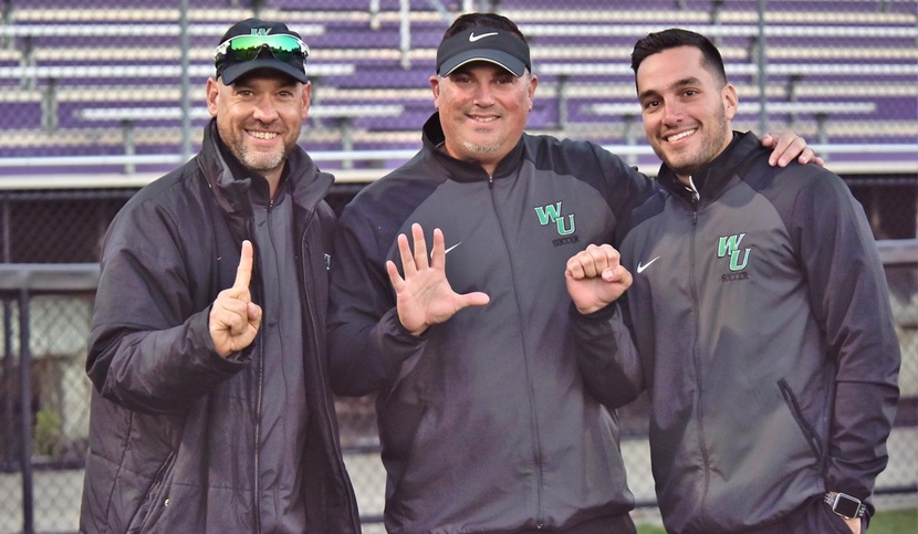 Copyright 2017; Wilmington University. All rights reserved. Photo of head coach Nick Papanicolas (center) with assistant coaches Greg Cope (left) and Mario Yepes (right) following the 2-1 win at Bridgeport, taken by James Jones.