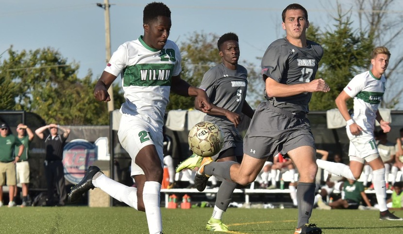 Copyright 2017; Wilmington University. All rights reserved. Photo of Abdul Mansaray who scored a goal and set up the PK against Jefferson, taken by James Jones.