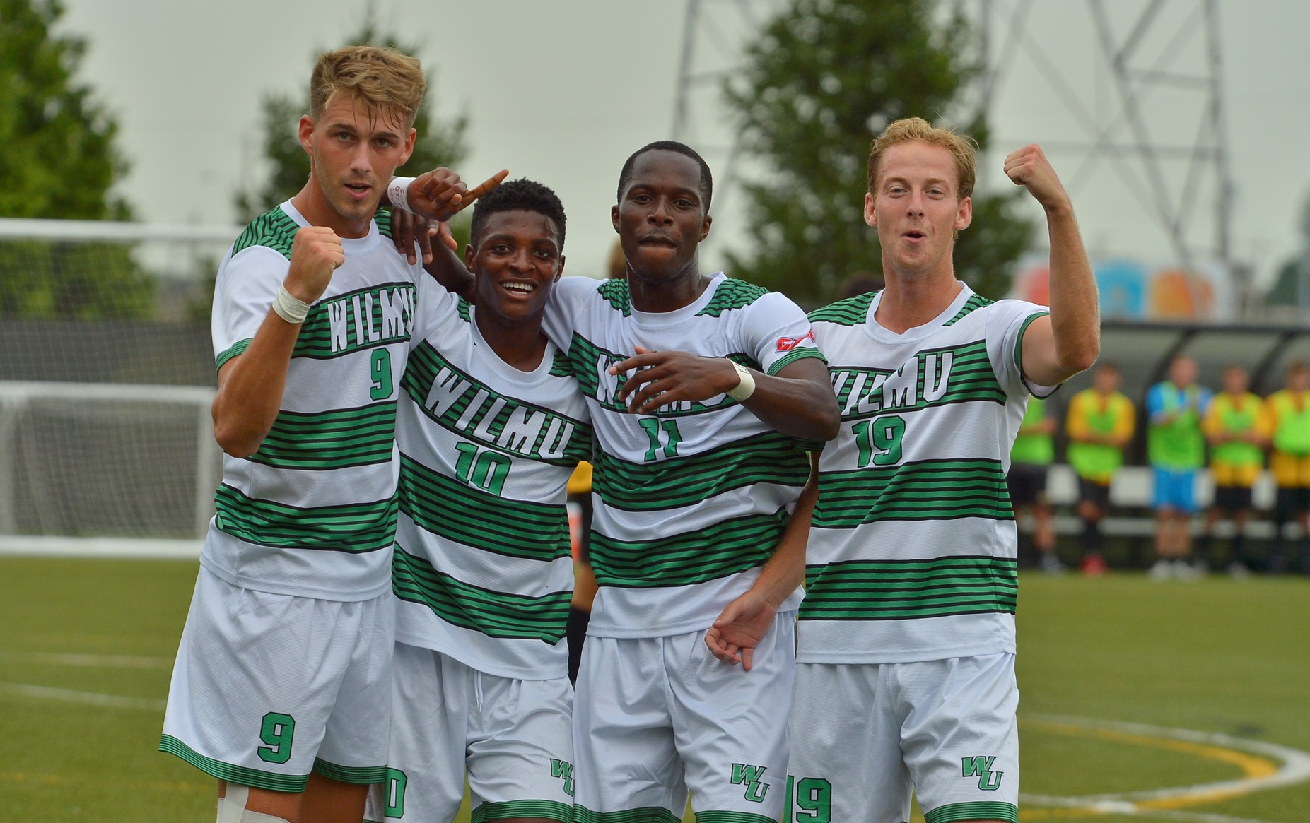 Left to right: Lorne Bickley, Shawn Genus, Abdul Mansaray, and Fredrik Bentdal after going up 2-0. Copyright 2019; Wilmington University. All rights reserved. Photo by James Jones. Thursday, September 5 vs. Millersville.