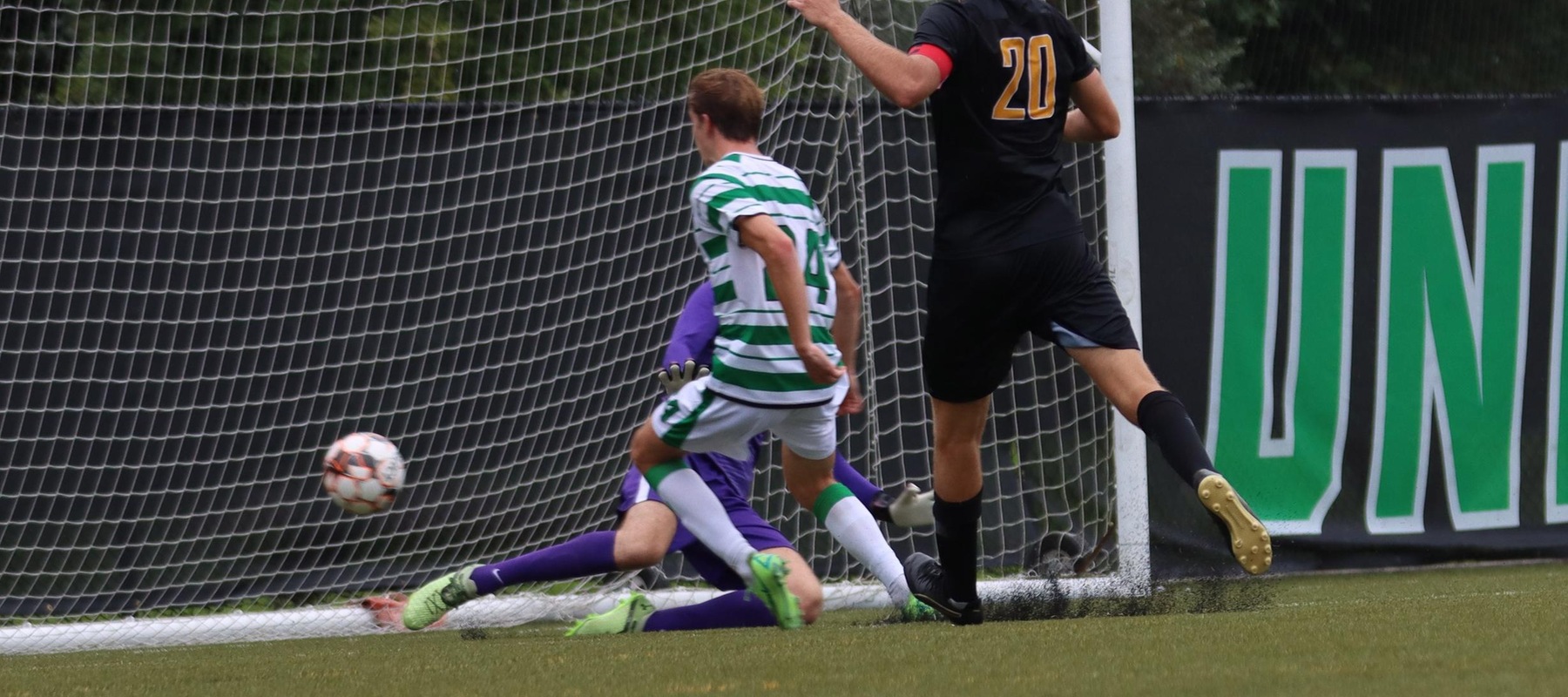 Photo of Marcus Hedemann putting in the eventual game-winning goal in the 84th minute. Copyright 2021; Wilmington University. All rights reserved. Photo by Trudy Spence. September 5, 2021 vs. #15 Adelphi at the WU Athletics Complex.