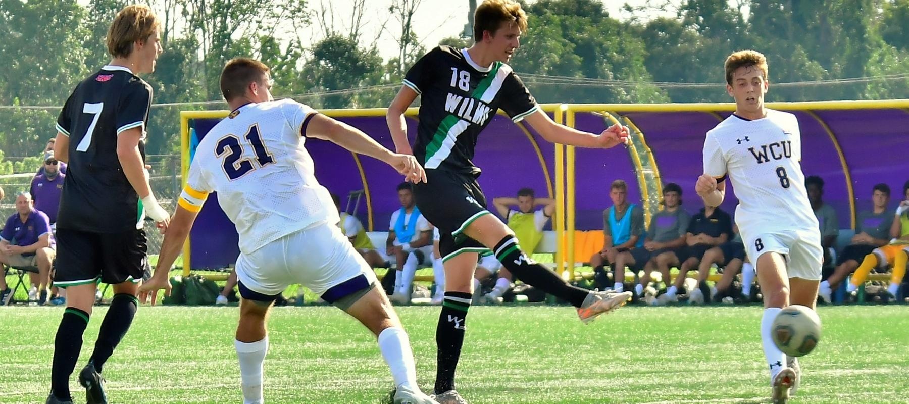 Photo of Marius Skattum Dahl scoring at West Chester. Copyright 2021; Wilmington University. All rights reserved. Photo by James Jones at West Chester. September 8, 2021.