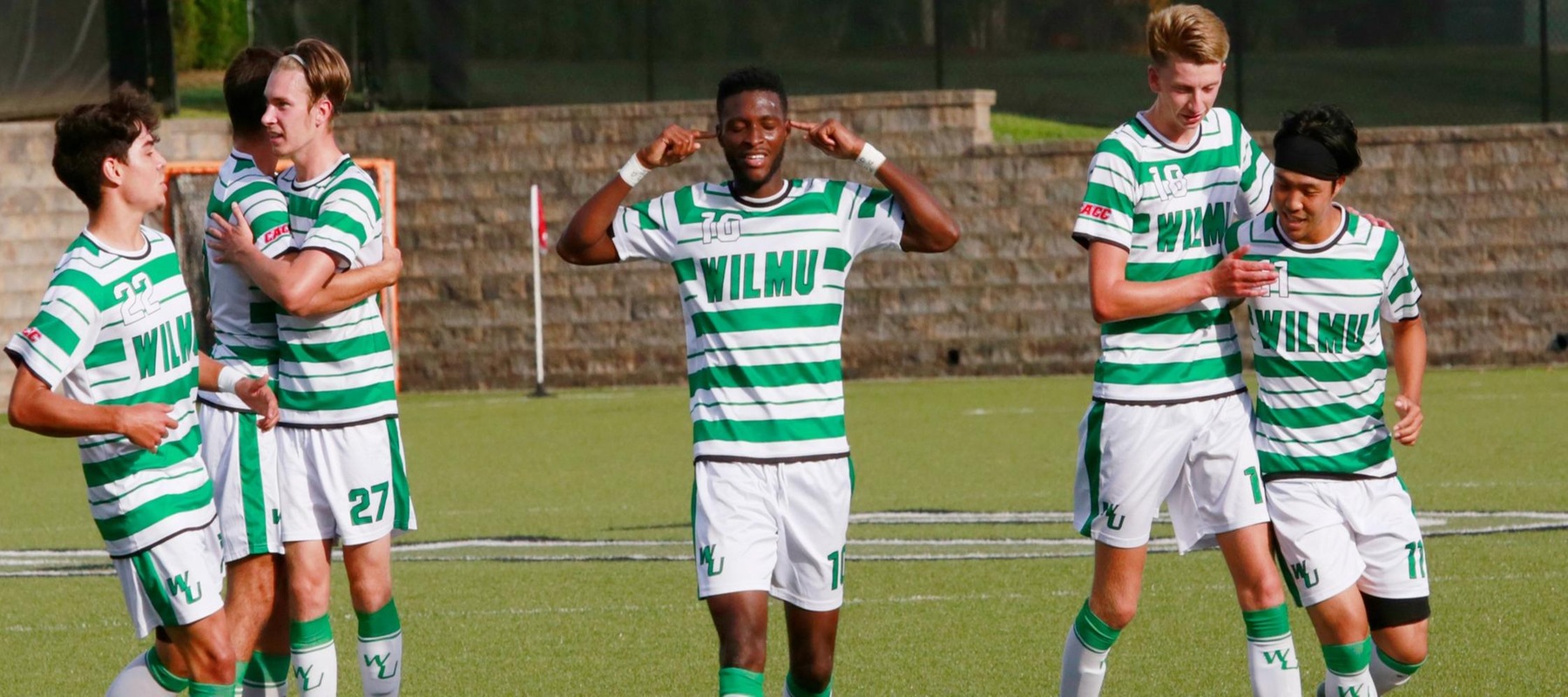 Wilmington University Player: Shawn Genus (10) and teammates celebrating a goal while playing Bloomfield during their NCAA Men?s soccer match at the Wilmington University sports facility in Newark, Delaware, September 25, 2021
Chris Rifon Photo