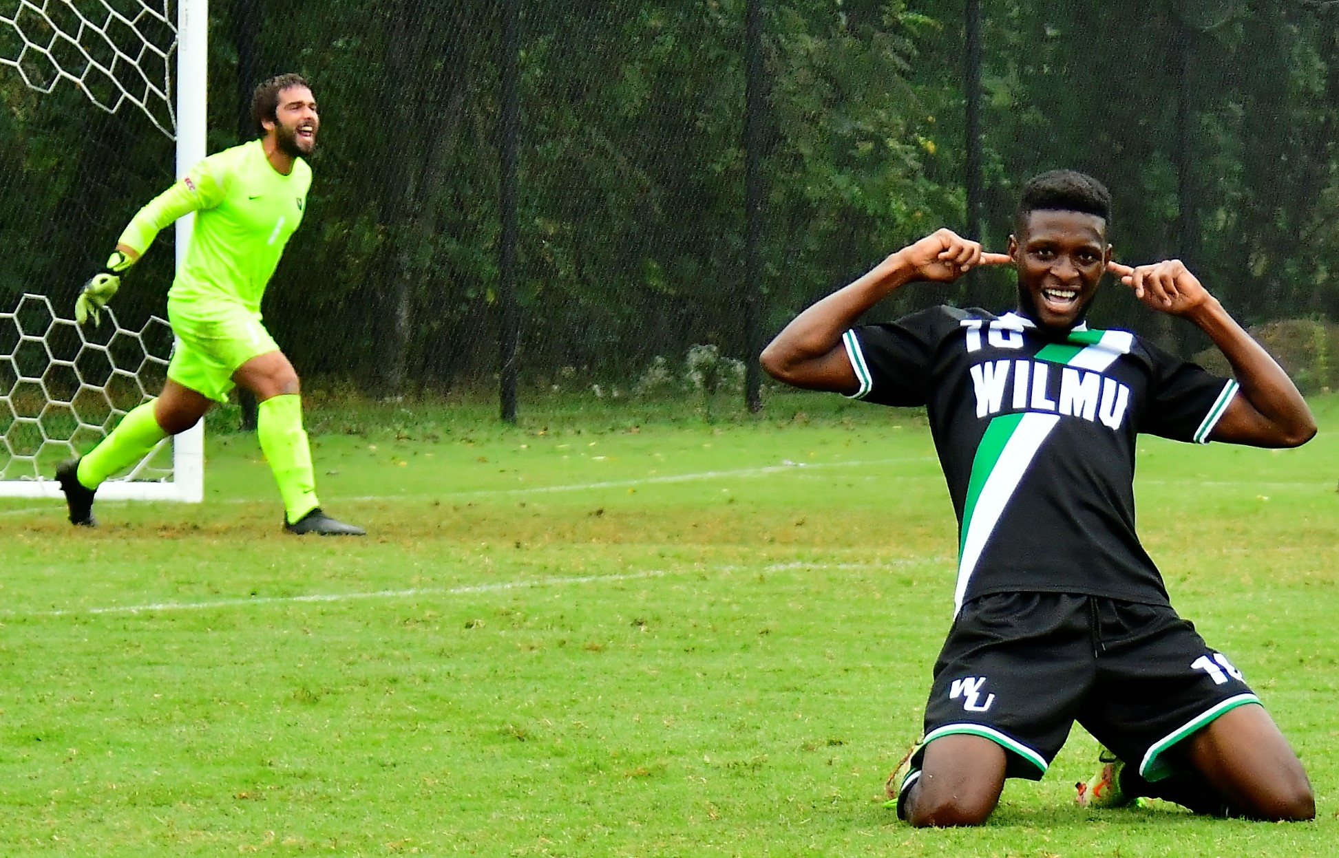 Shawn Genus celebrates after scoring the game's first goal at Goldey-Beacom. Copyright 2021; Wilmington University. All rights reserved. Photo by James Jones. October 5 at Goldey-Beacom.