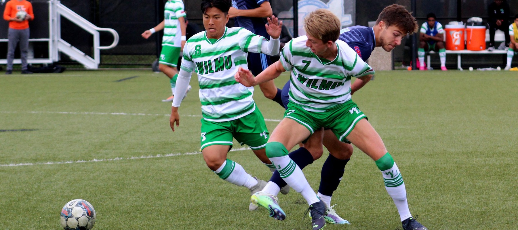 File photo of Yohan Kim (8) who scored the first goal and Marius Skattum Dahl (7) had two assists at Georgian Court. Wilmington University’s Yohan Kim (8) and Marius Skattum Dahl (7) get the ball away from Jefferson University  during their Men’s NCAA soccer match at the Wilmington University Sports complex in Newark, Delaware, September 28, 2022. Photo By Alexa Coney