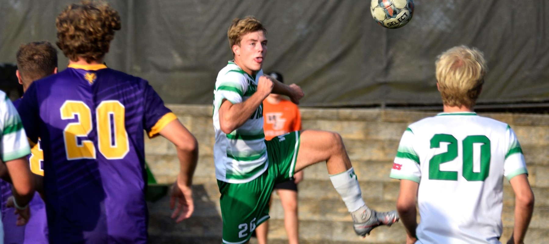 Wilmington University’s Malthe Hannesbo(26) kicks and scores the winning goal against West Chester University during their NCAA Mens soccer match at the Wilmington University Sports complex in Newark, Delaware, October 12, 2022. Photo By Amanda Angell