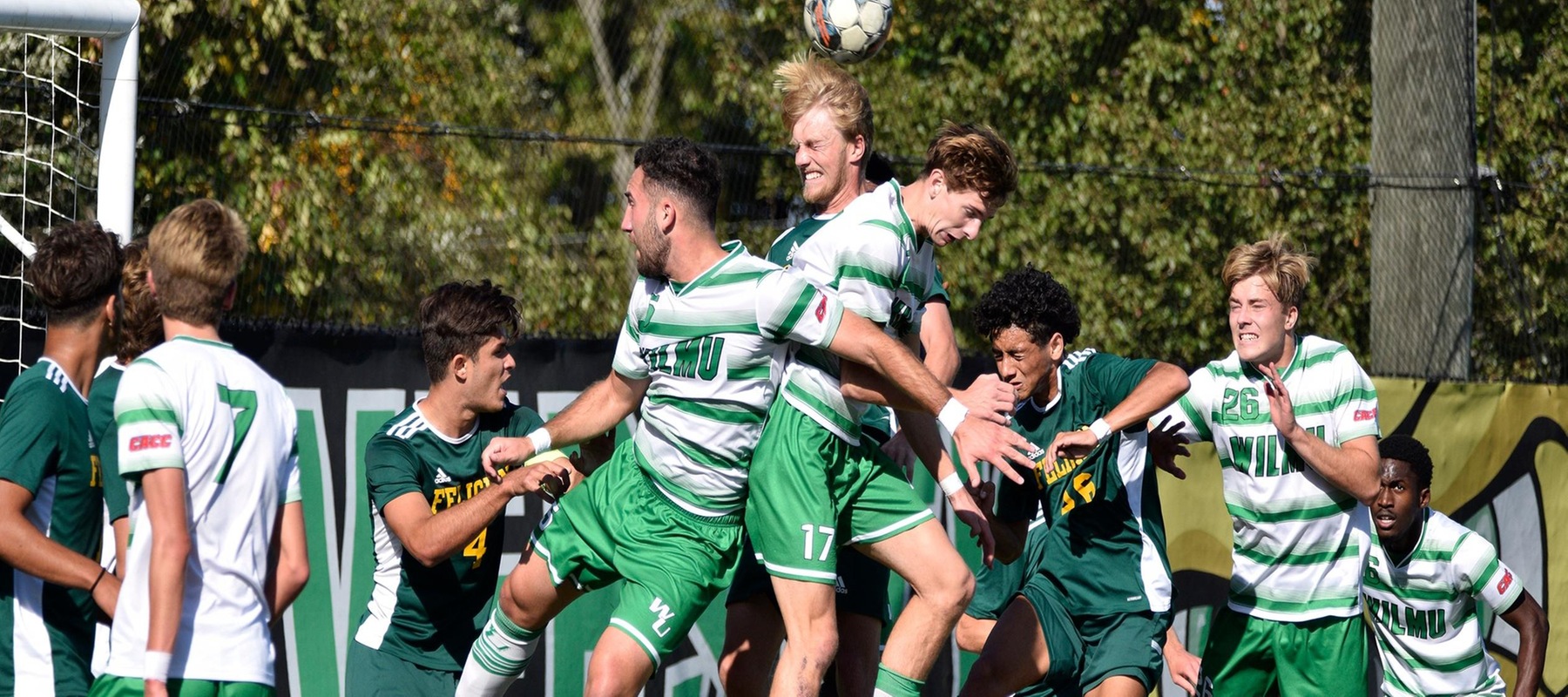 Wilmington University’s players battle Felician University players for a header during their NCAA Mens soccer match at the Wilmington University Sports complex in Newark, Delaware, October 15, 2022. Photo By Amanda Angell