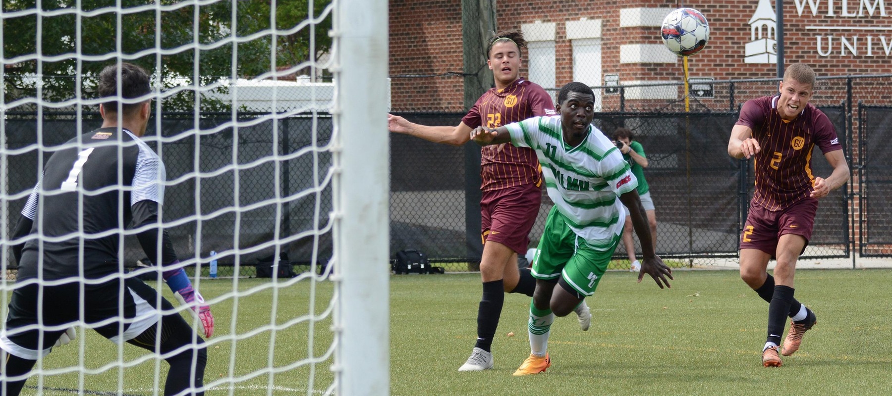 Wilmington University’s Troy Paul #11 controls the ball while Gannon University player Lennox Crews #22 pursues during their NCAA Men’s soccer match at the Wilmington University Sports complex in Newark, Delaware, September 9, 2023. Photo by Debra Breister.