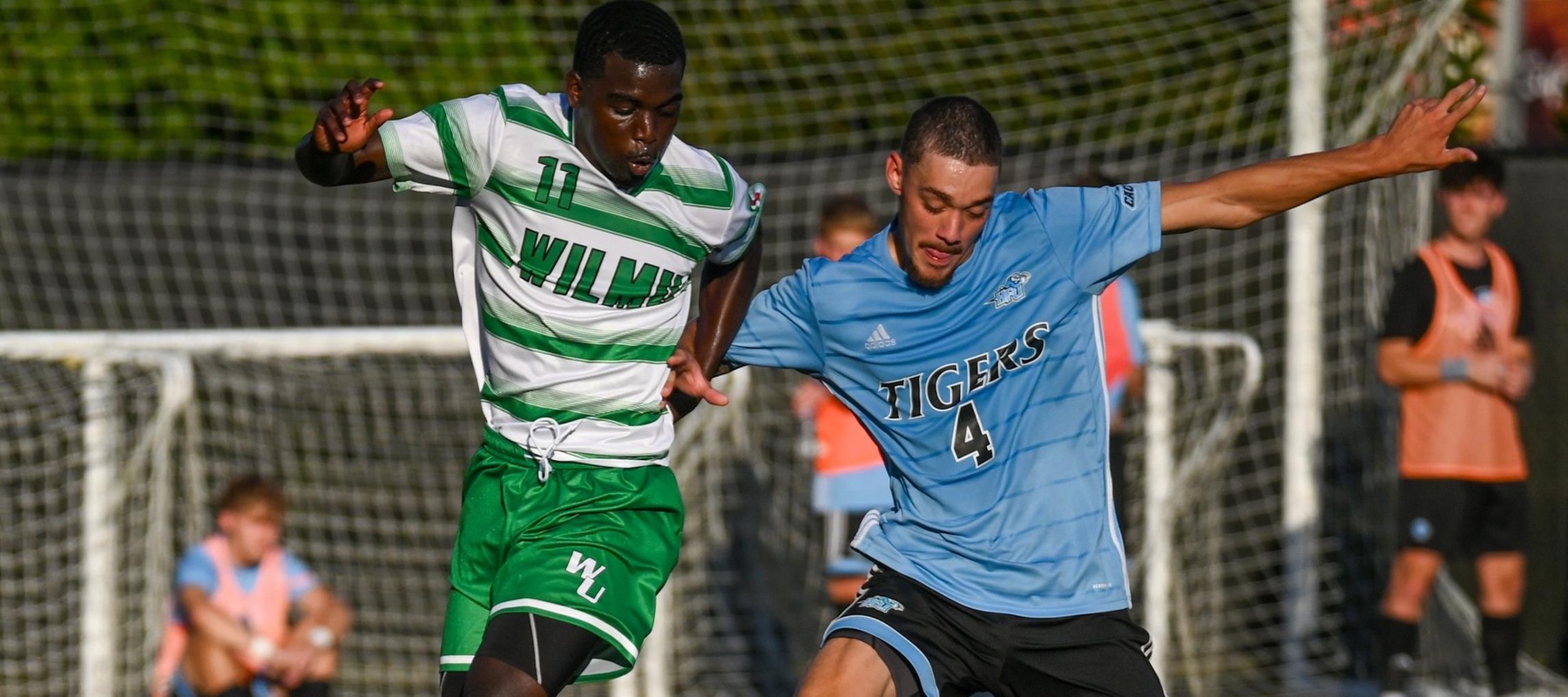 File photo of Troy Paul who scored both goals of a 2-2 draw with Bridgeport. Wilmington University’s Troy Paul (#11) battles for control of the ball during their NCAA Men’s soccer match at the WU Sports complex in Newark, Delaware, October 4, 2023. Photo By Arlene Coseglia