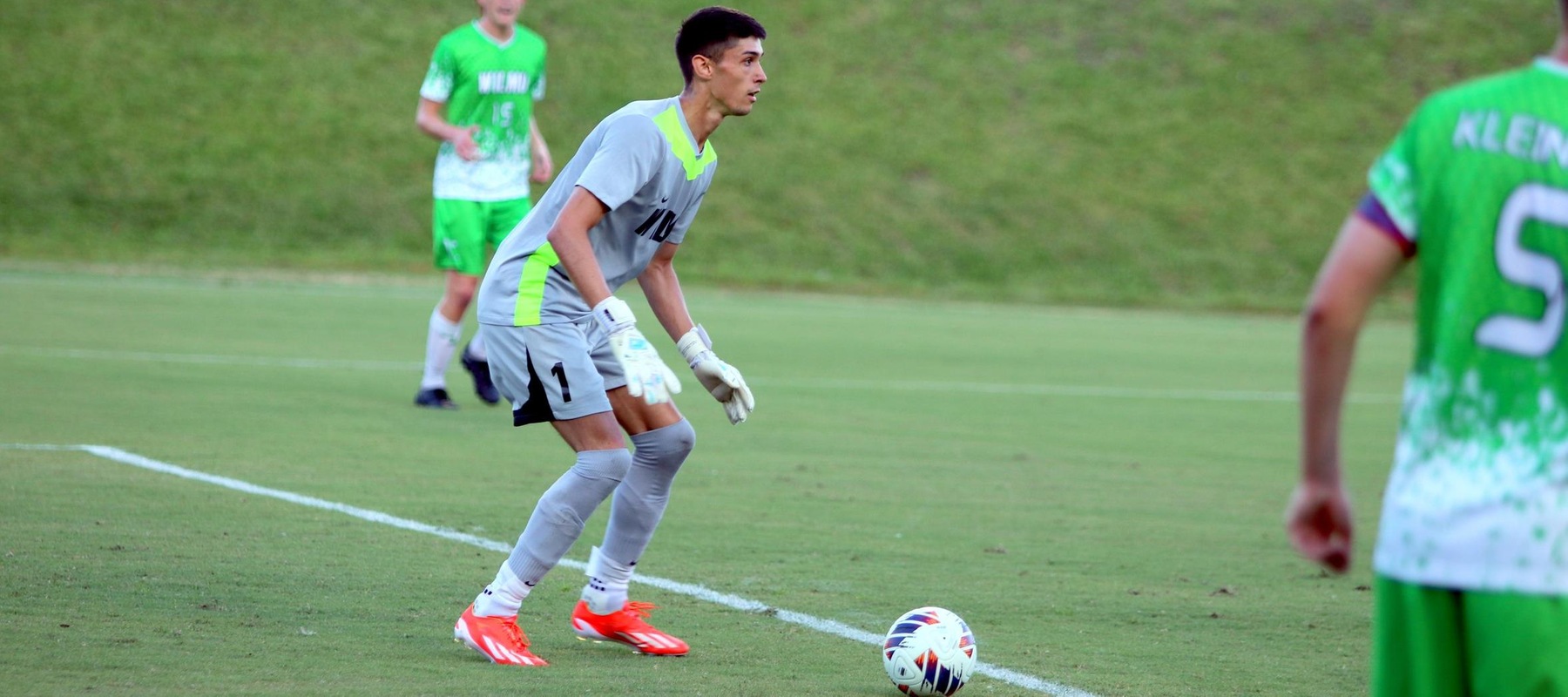 Charlie Phillips had seven saves in the season opener, including multiple from point-blank range. Photo courtesy of Michael Hawkins from Francis Marion University.