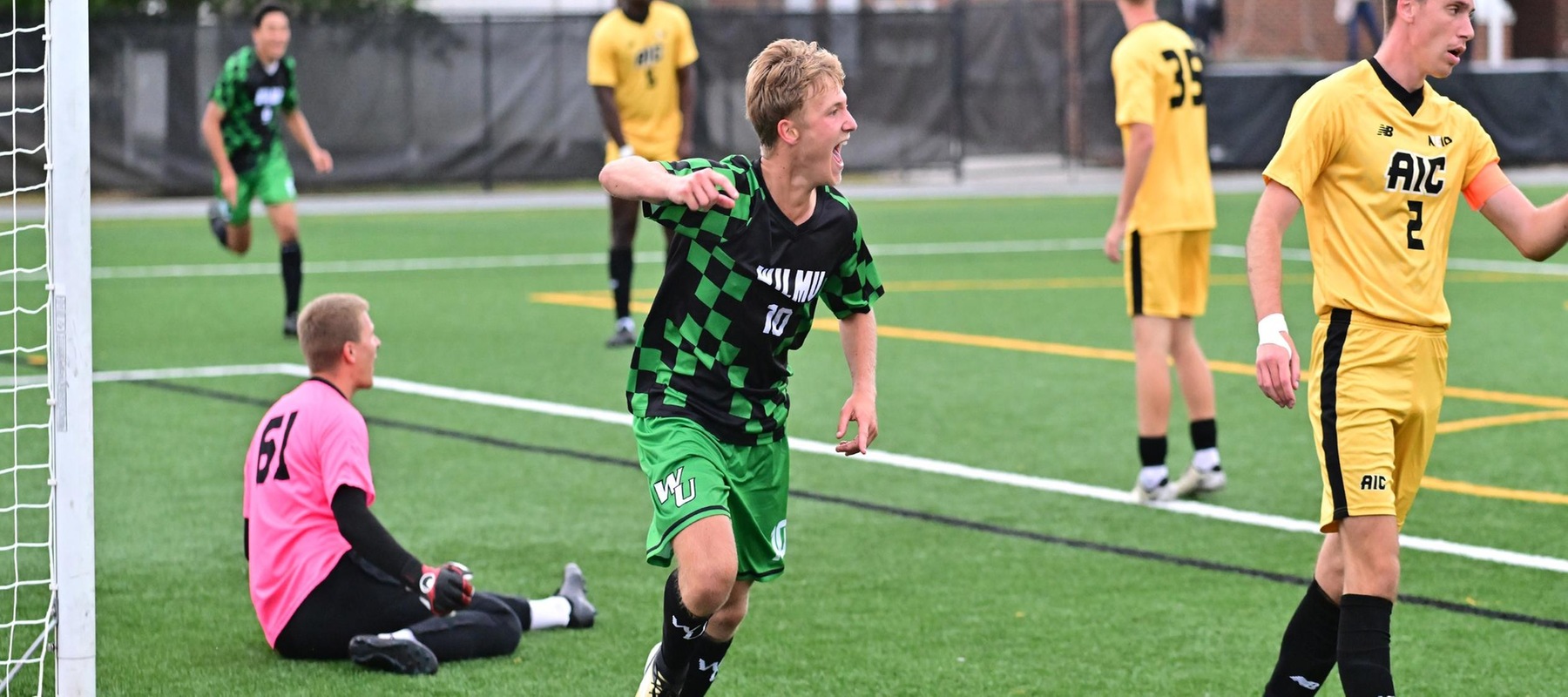 Wilmington University’s Theo Faillon (10) celebrates after scoring against American International University’s Justus Wetzel (61) during their NCAA Mens soccer match at the Wilmington University Sports complex in Newark, Delaware, September 7, 2024 . Photo By David Reeder.