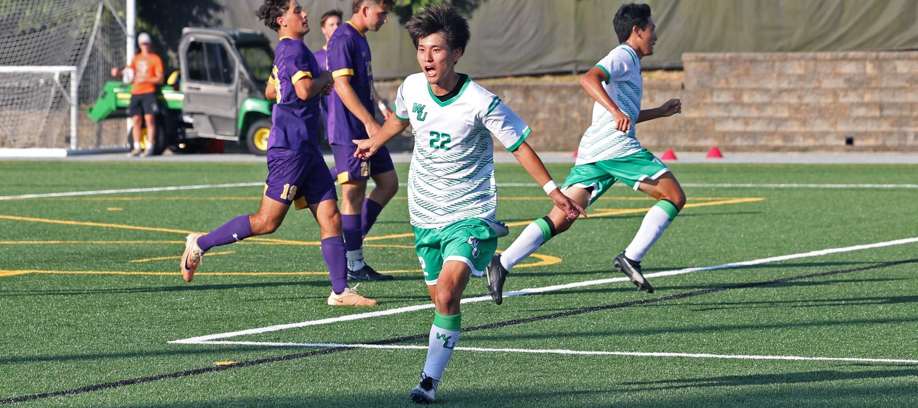 Wilmington University’s player Tsubasa Abe (#22) celebrating his goal against West Chester University during their NCAA Mens soccer match at the Wilmington University Sports complex in Newark, Delaware, September 11, 2024 . Photo By Georgia Soares