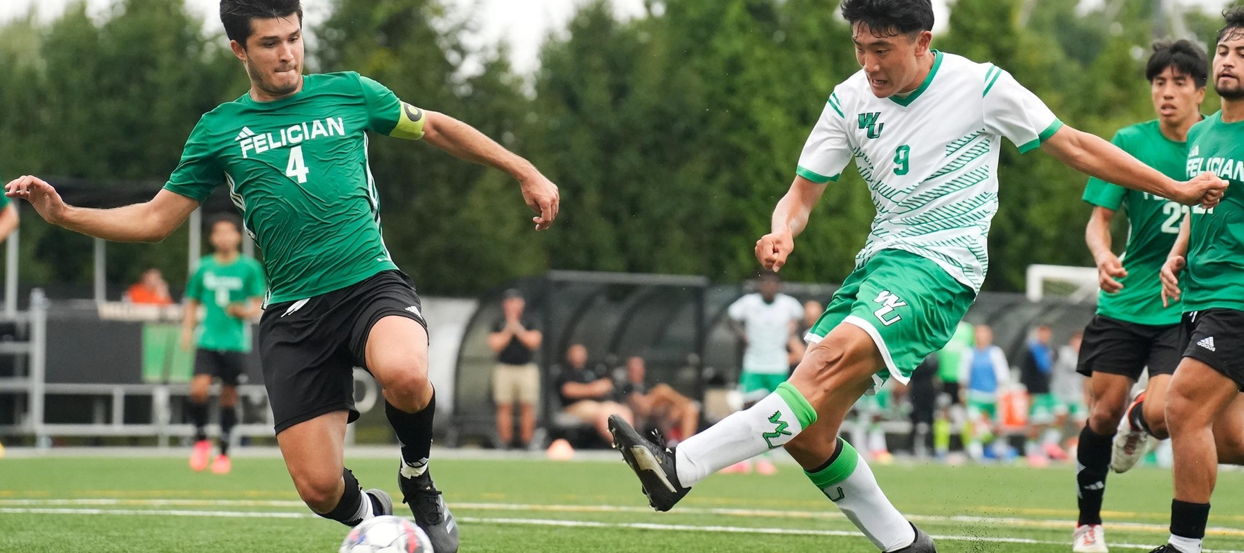 File phtoo of Michiraru Takanashi who scored in the 87th minute to defeat Jefferson. Michiharu Takanashi (#9) scores a goal against Felician University during their NCAA Mens soccer match at the Wilmington University Sports complex in Newark, Delaware, September 28, 2024 . Photo By Jonathan Artis.