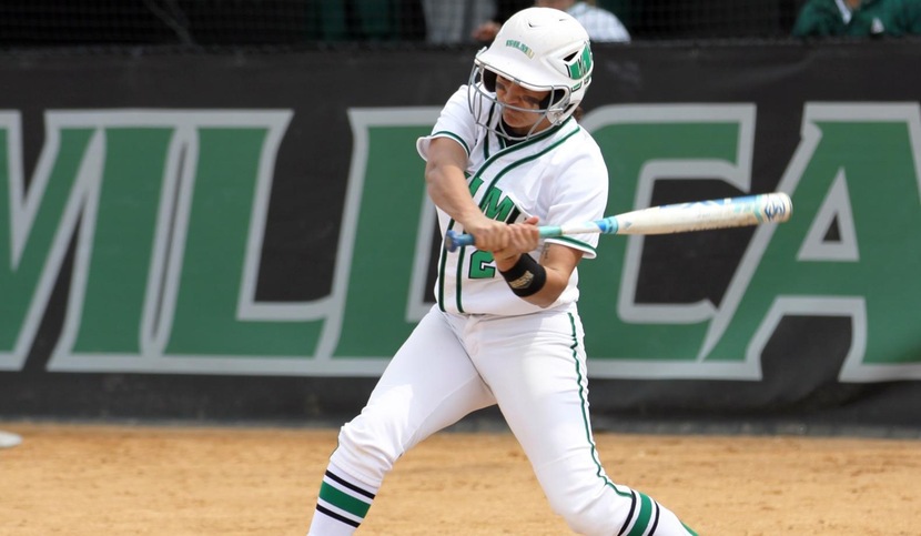 Copyright 2018; Wilmington University. All rights reserved. Photo of Alyssa Velasquez who batted 4-for-6 with a double, home run, three RBI and three runs scored in the doubleheader against USciences. Photo by Erin Harvey, April 11, 2018 vs. USciences.