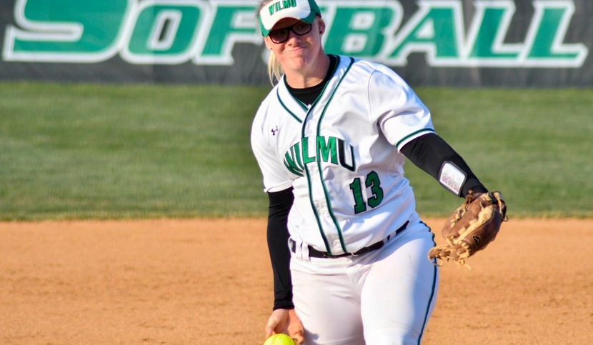 Copyright 2018; Wilmington University. All rights reserved. File photo of Makayla McCarthy who hit a home run and struck out 10 batters in a game one victory at Dominican. Photo by Luis Rivera. April 12, 2018 vs. USciences.