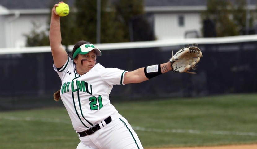 Copyright 2018; Wilmington University. All rights reserved. File photo of Caitlyn Whiteside who improved to 14-5 with a complete game win at West Chester. Photo by Erin Harvey. April 11, 2018 vs. USciences (game 1).