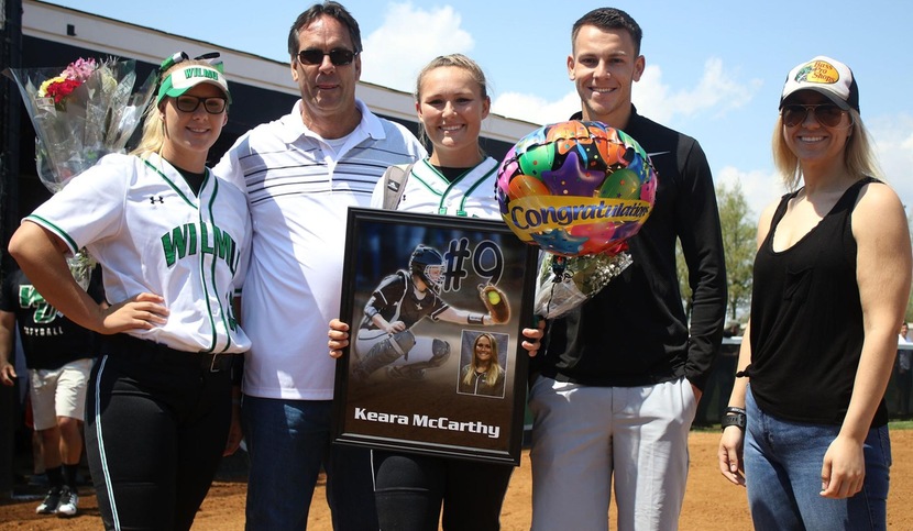 Copyright 2018; Wilmington University. All rights reserved. Photo of lone senior Keara McCarthy and her family during the Senior Day ceremonies on Saturday. Taken by Frank Stallworth. April 28, 2018 vs. Post.