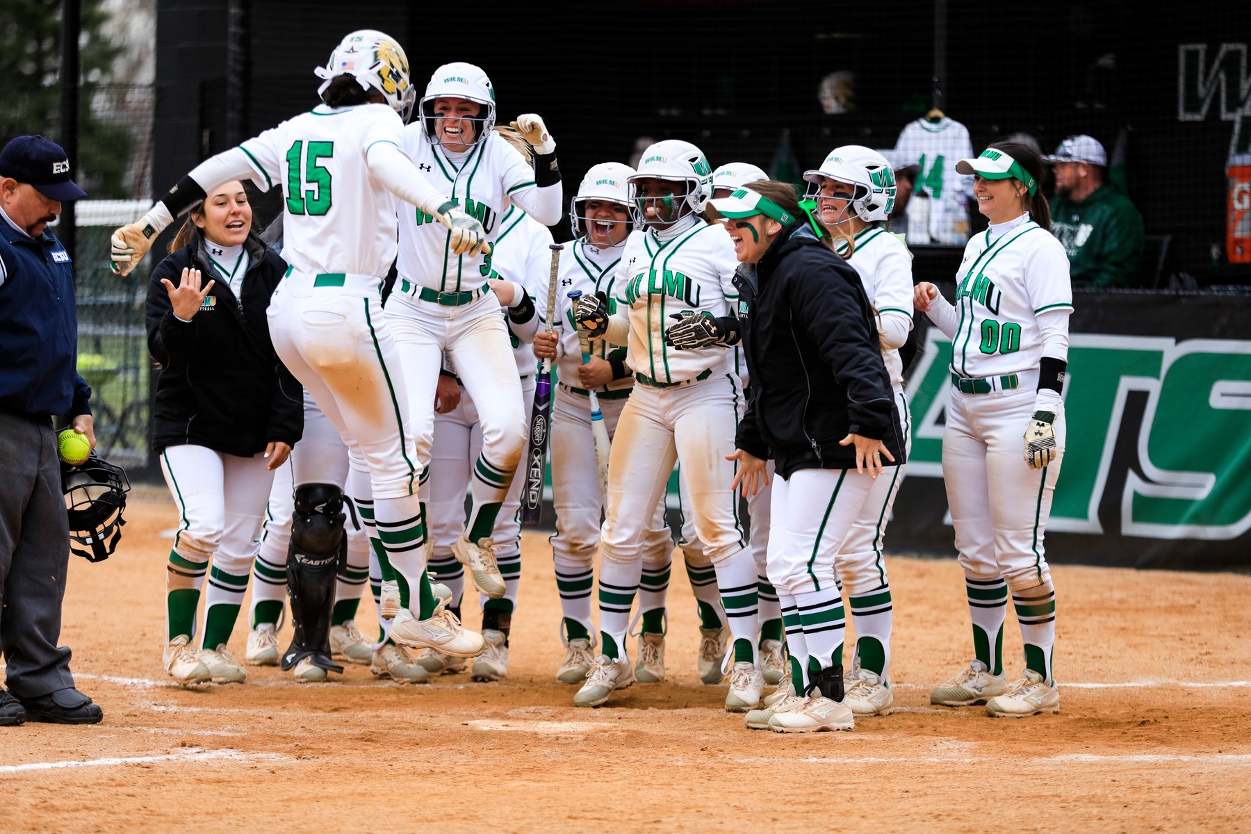 Copyright 2019; Wilmington University. All rights reserved. Photo of Kiana Broderson-Jones reaching home plate after her grand slam in game two. Photo by Chris Vitale. April 2, 2019 vs. Jefferson.