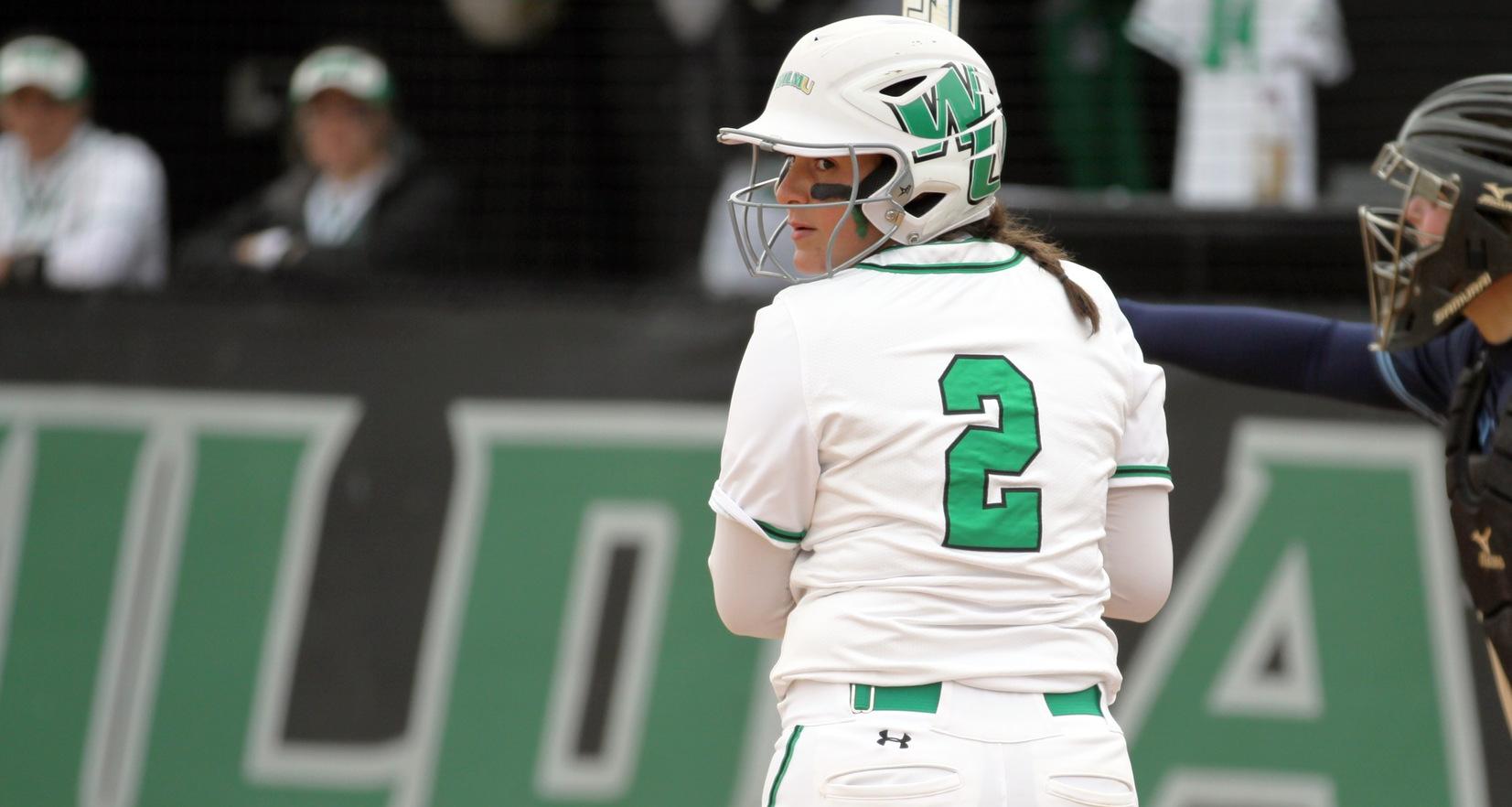 Copyright 2019: Wilmington University. All rights reserved. File photo of Lauren Lopez who broke the single season record for RBI with eight RBI against Dominican, now with 54 on the year. Photo by Katlynne Tubo. April 2, 2019 vs. Jefferson (Game 1).