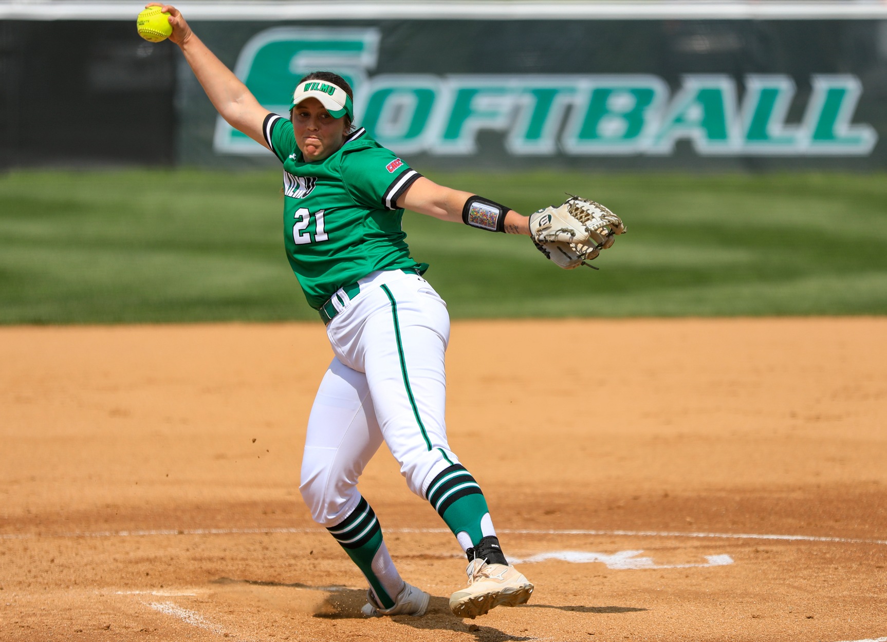 Copyright 2019; Wilmington University. All rights reserved. Photo of Caitlyn Whiteside who threw her second straight complete game shutout in game one. Photo by Chris Vitale. April 18, 2019 vs. Goldey-Beacom.