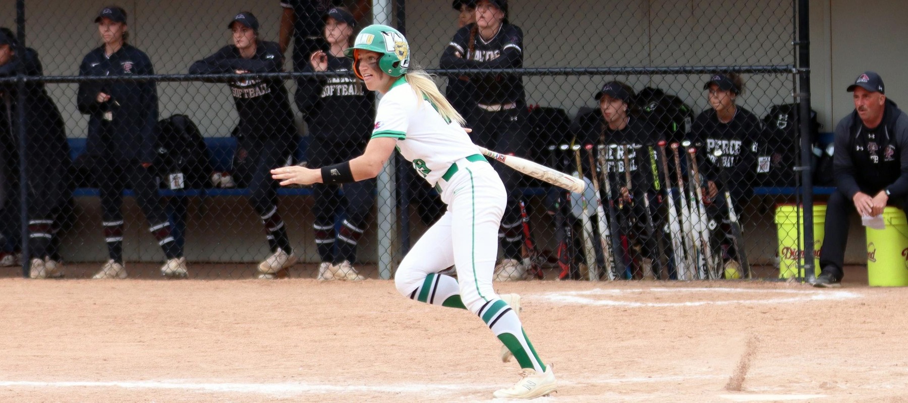 Photo of Taylor Gillis watching her RBI single in the bottom of the seventh land in left field against Franklin Pierce. Copyright 2022; Wilmington University. All rights reserved. Photo by Dan Lauletta.