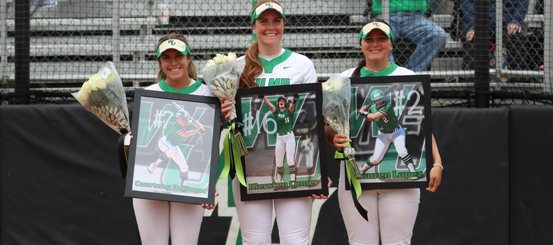 Photo of the seniors Courtney Dellinger, Kiersten Comer, and Lauren Lopez on Senior Day. Copyright 2022; Wilmington University. All rights reserved. Photo by Erin Harvey. April 23, 2022.