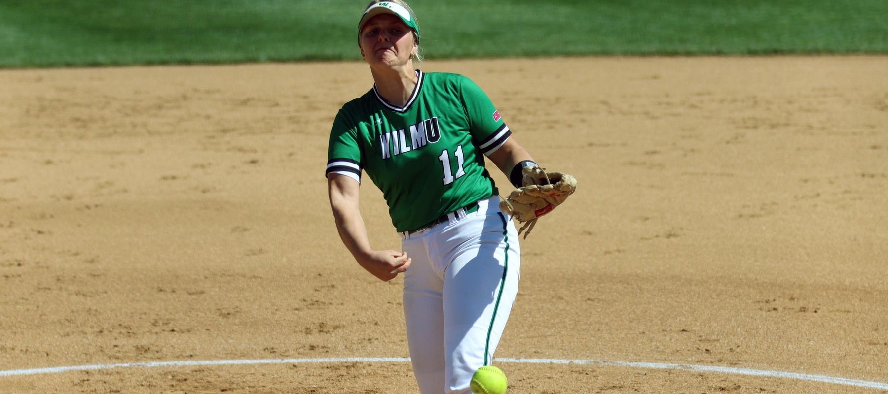File photo of Kylee Gunkel who improved to 13-10 with a complete game shutout in game one at Nyack. Copyright 2022; Wilmington University. All rights reserved. Photo by Dan Lauletta. April 15, 2022 vs. Post.