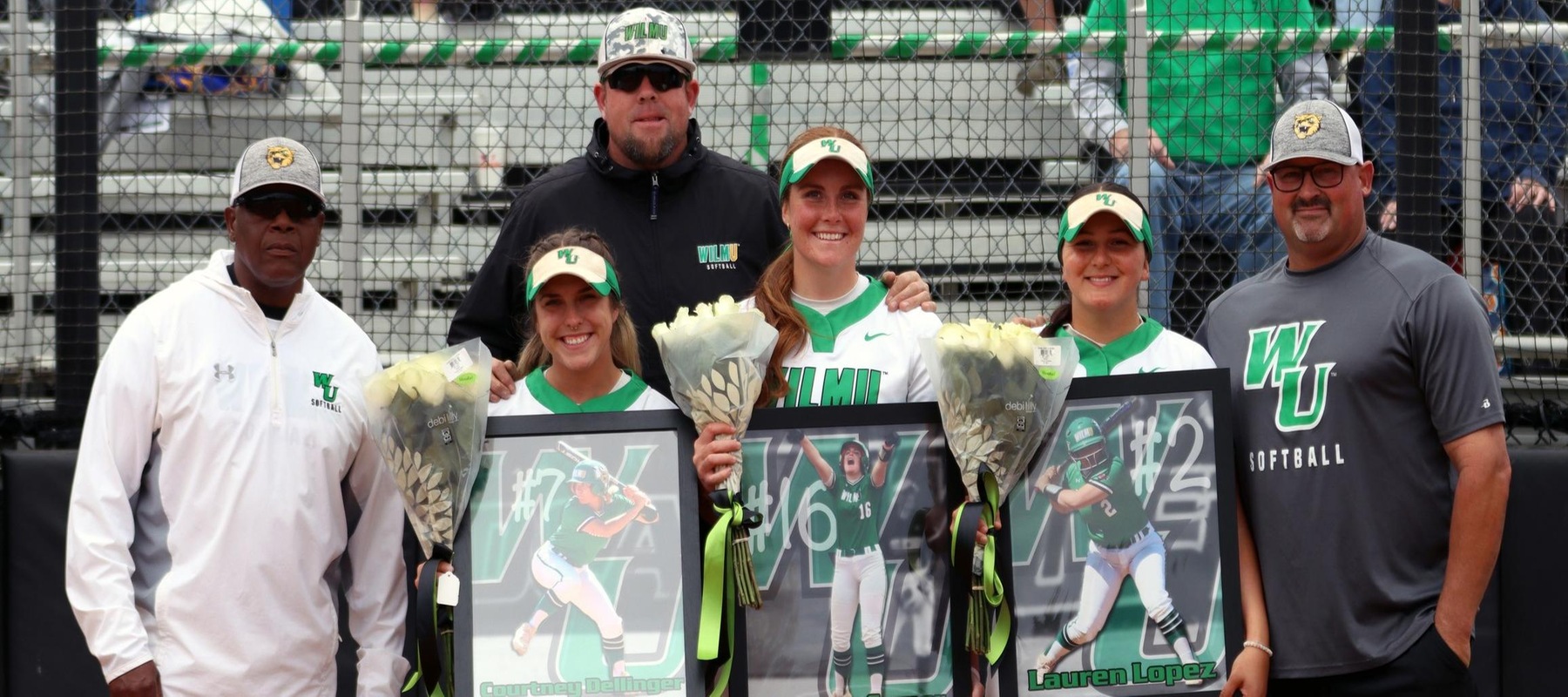 File photo of the seniors and coaches on Senior Day 2022. Copyright 2022; Wilmington University. All rights reserved. Photo by Erin Harvey. April 23, 2022 vs.Bloomfield.