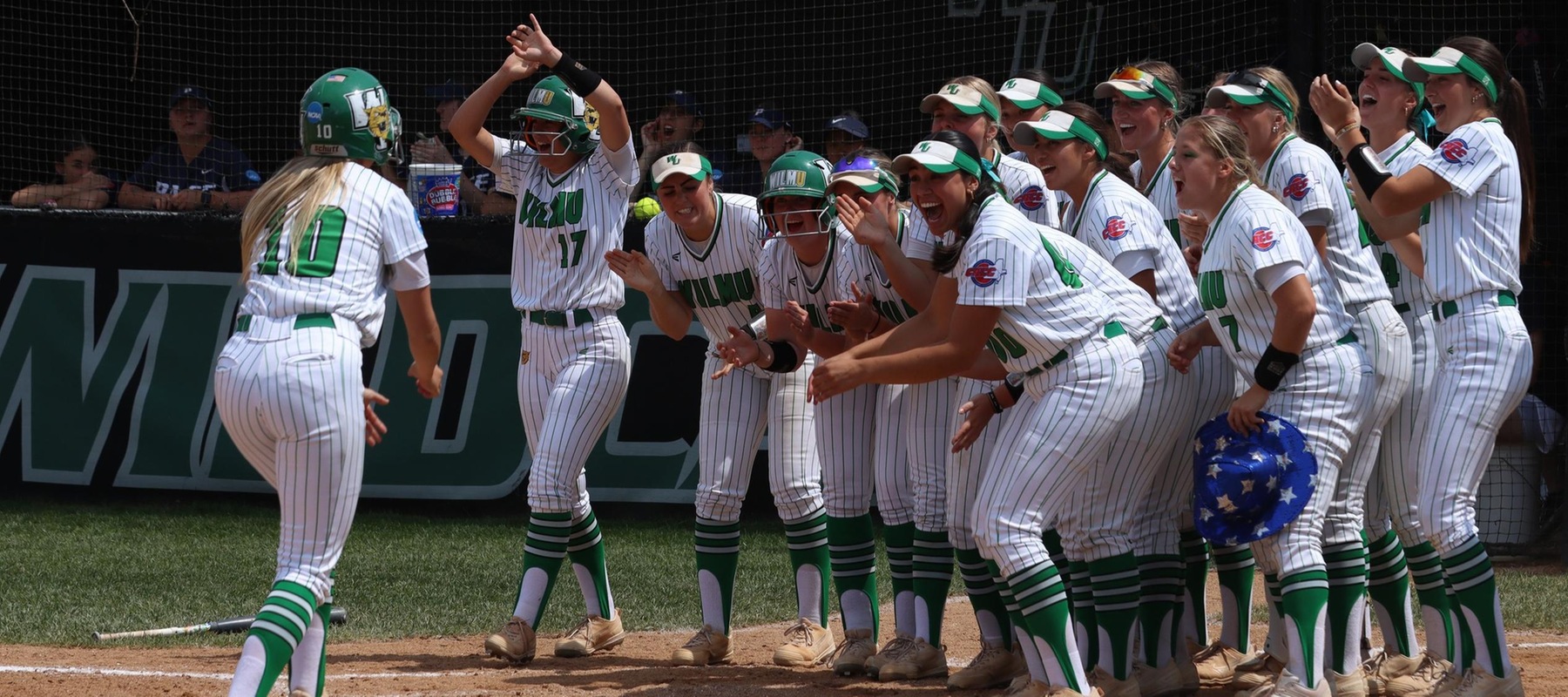 Photo of Sara Miller coming to the plate following her two-run homer in the 3rd against Pace. Copyright 2023; Wilmington University. All rights reserved. Photo by Taj Young. May 11, 2023 vs. Pace in NCAA Regionals.