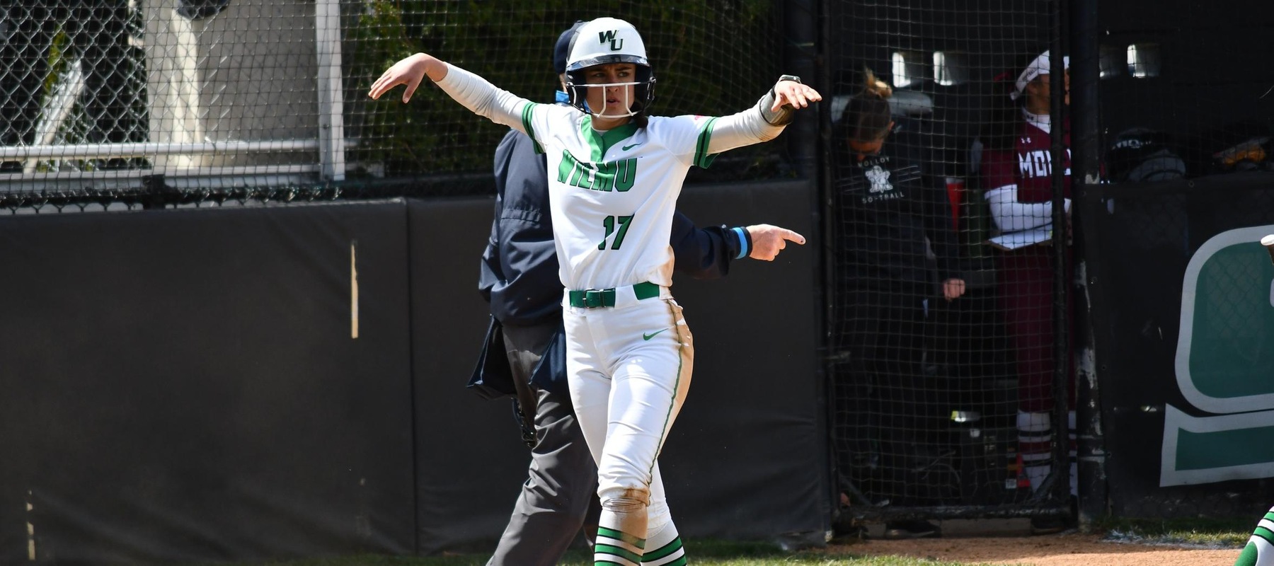 Photo of Tristyn Stewart after scoring in game two against Molloy. She extended her hitting streak to 15-straight games on Sunday. Copyright 2024; Wilmington University. All rights reserved. Photo by Alea Javorowsky. April 7, 2024 vs. Molloy