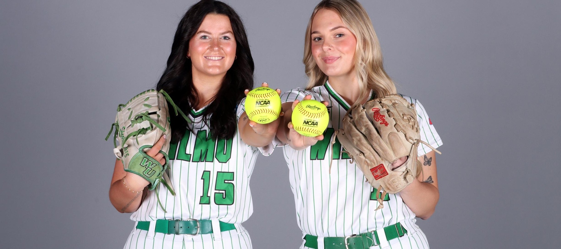 File photo of Delani Sheehan (15) and Kylee Gunkel (11) who tossed complete game shutouts against Adelphi on March 24. Copyright 2024; Wilmington University. All rights reserved. Photo by Dan Lauletta.
