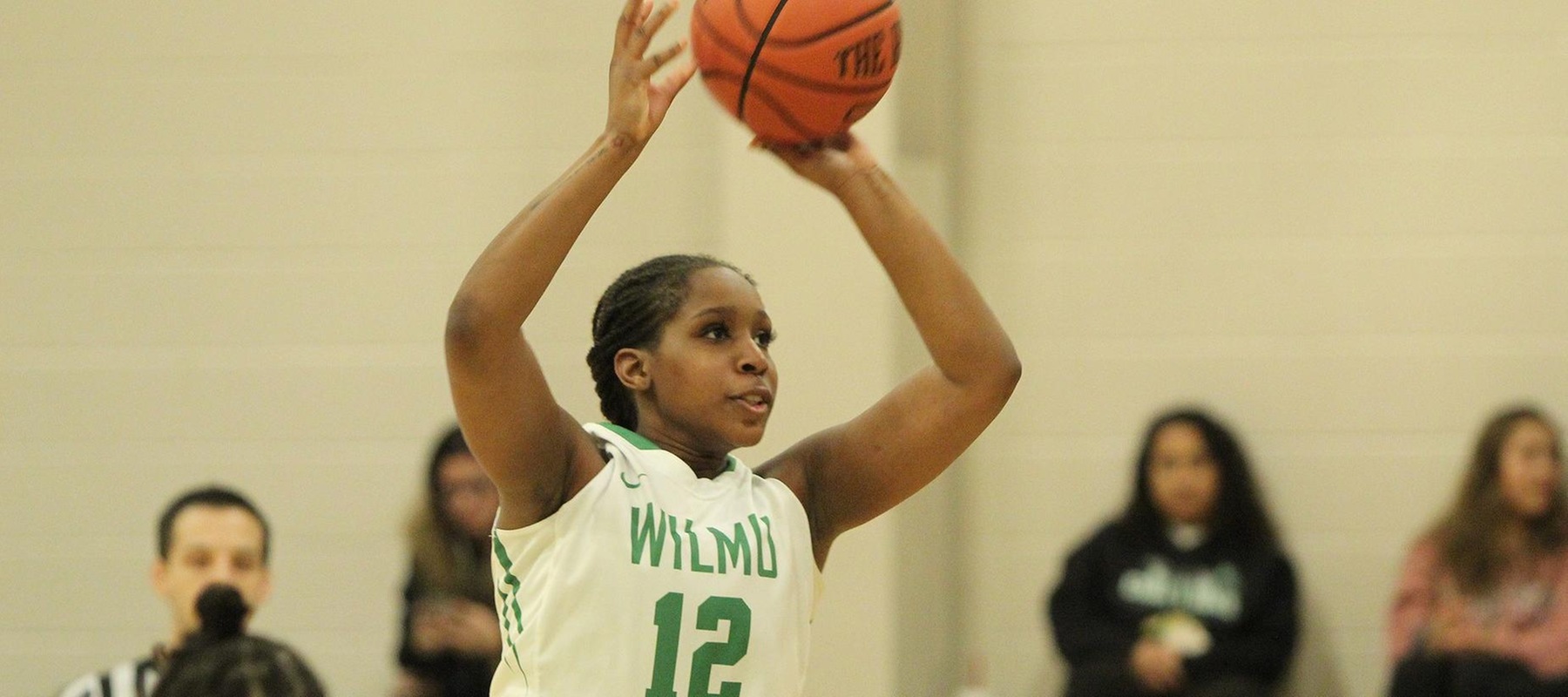 Copyright 2019; Wilmington University. All rights reserved. File photo of Nyree Grant who secured a double-double at Felician. Photo by Samantha Kelley. February 7, 2019 vs. Dominican.