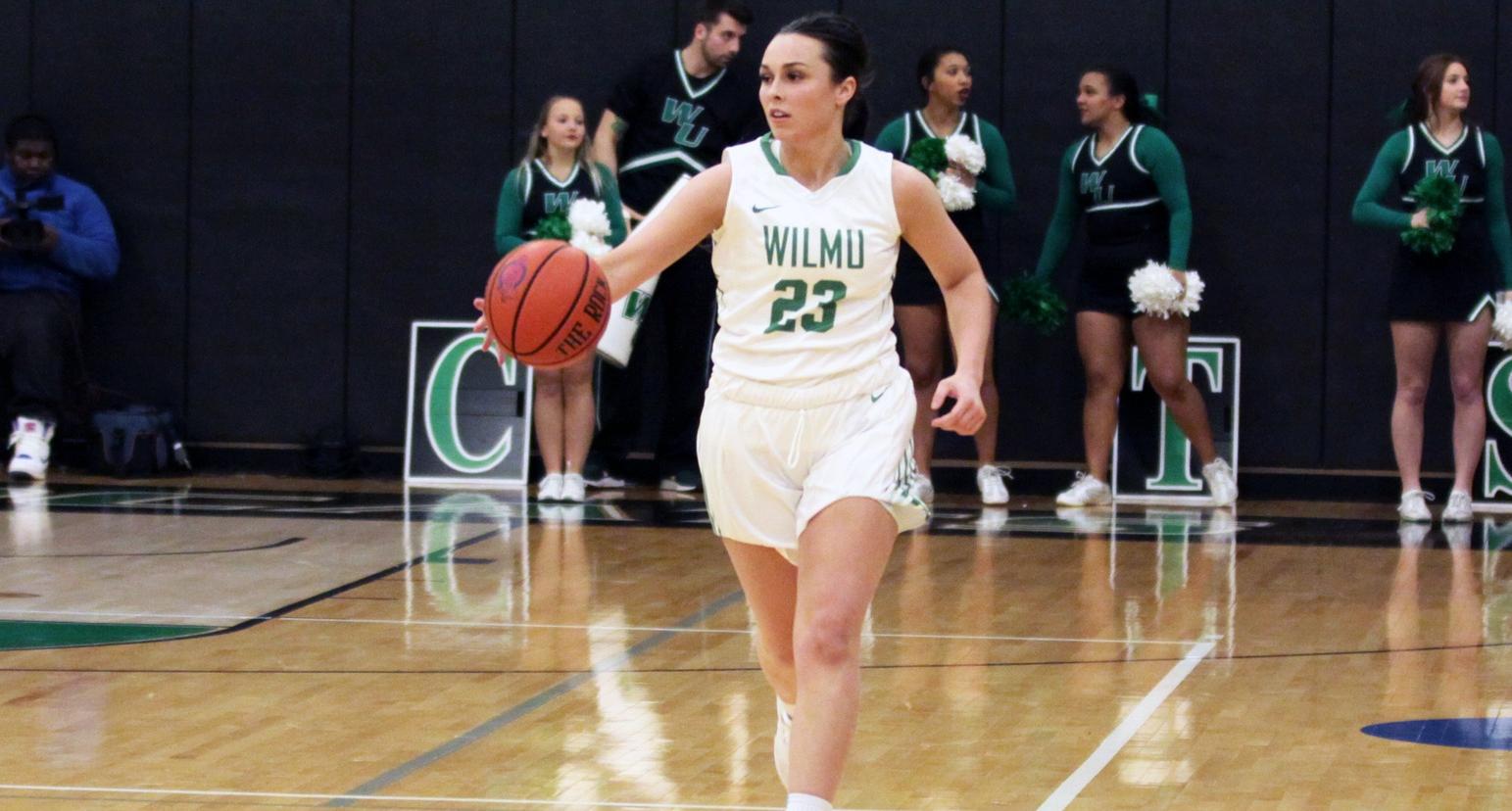 Copyright 2019; Wilmington University. All rights reserved. File phtoo of Macy Robinson who hit seven three-pointers for 34 points at Chestnut Hill. Photo by Dan Lauletta. February 19, 2019 vs. #5 USciences.