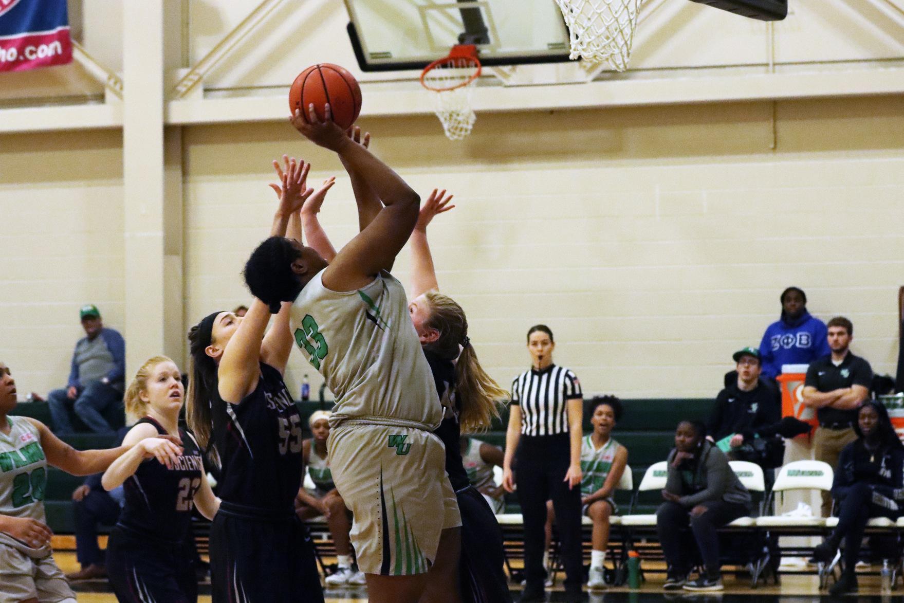 Photo of Sabreen Muslim who posted her second straight double-double with 22 points and 15 boards against USciences. Copyright 2020. Wilmington University. All rights reserved. Photo by Laura Gil. January 21, 2020 vs. #24 USciences.