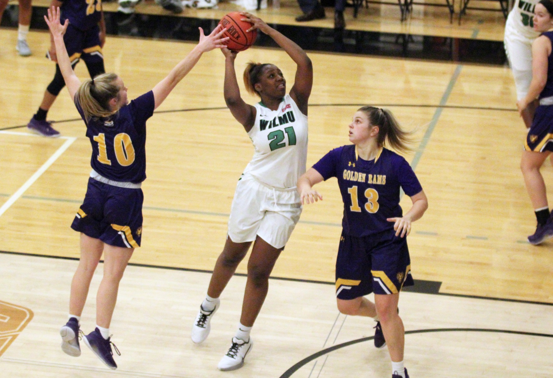 Photo of Tiffany Jackson who led the team with 15 points and 9 rebounds. Copyright 2019; Wilmington University. All rights reserved. November 14, 2019 vs. West Chester. Photo by Mary Kate Rumbaugh.