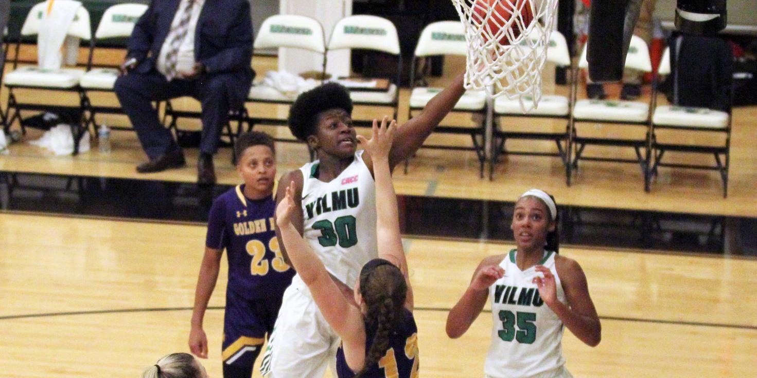 File photo of Emily Ansah who went a perfect 6-for-6 and had a double-double with 14 points and 11 rebounds at Jefferson. Copyright 2019; Wilmington University. All rights reserved. November 14, 2019 vs. West Chester. Photo by Mary Kate Rumbaugh.
