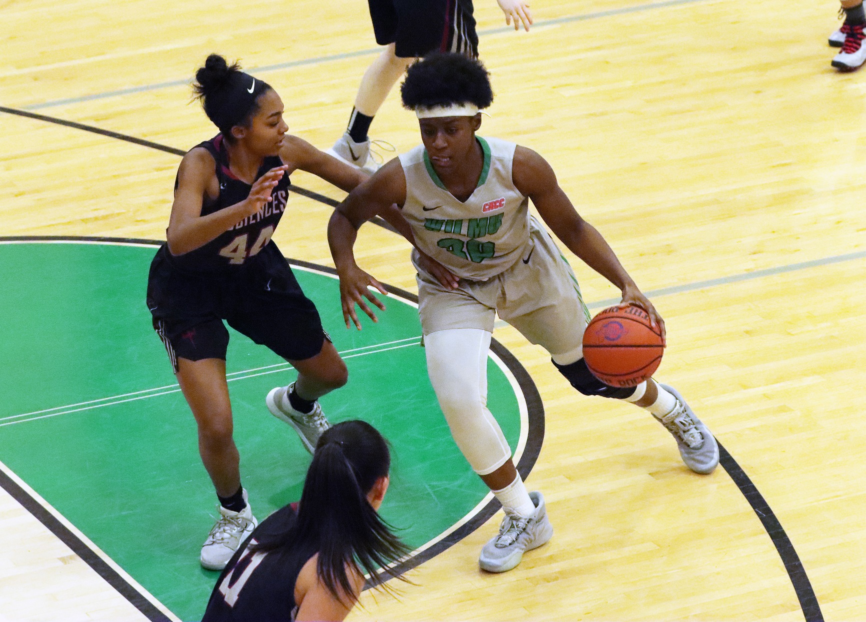 File photo of Emily Ansah who scored 17 points to go with 13 rebounds and two blocks at Holy Family. Copyright 2020; Wilmington University. All rights reserved. Photo by Laura Gil. January 21, 2020 vs. #24 USciences.