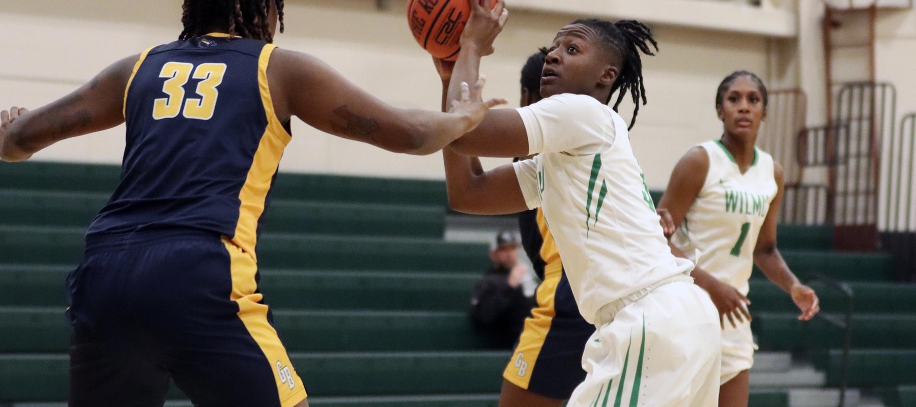 File photo of Emily Ansah who scored a career high 21 points to go with 15 rebounds at Felician. Copyright 2022; Wilmington University. All rights reserved. Photo by Dan Lauletta. January 19, 2022 vs. Goldey-Beacom