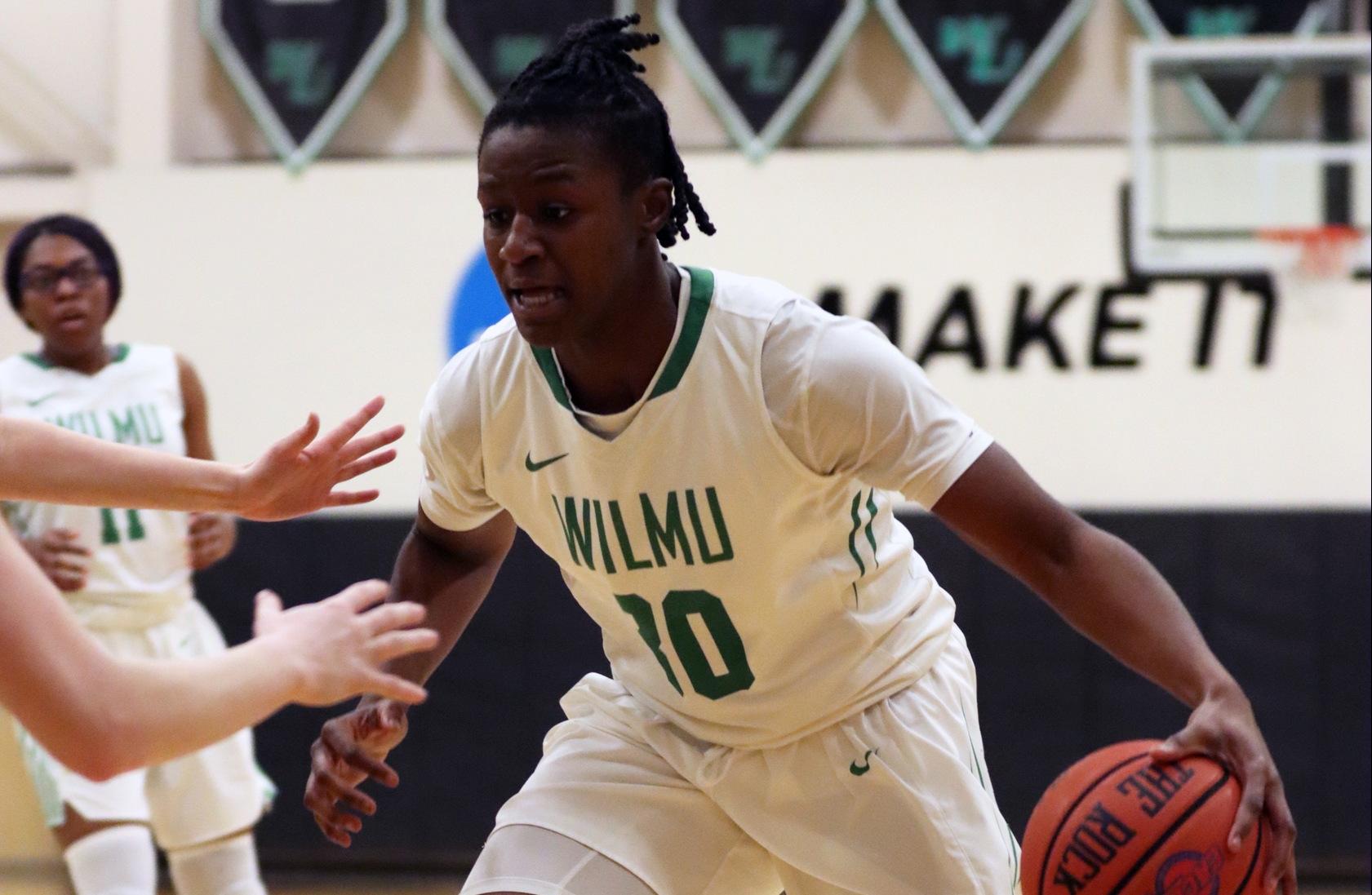 File photo of Emily Ansah who secured her third double-double of the year at Georgian Court. Copyright 2022; Wilmington University. All rights reserved. Photo by Dan Lauletta. February 9, 2022 vs. USciences.