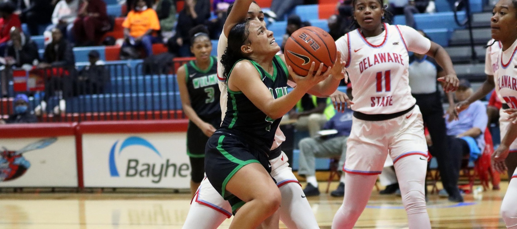 Photo of Amber Washington who led the team with 11 points at Delaware State. Copyright 2022; Wilmington University. All rights reserved. Photo by Dan Lauletta. November 15, 2022 at Delaware State in Memorial Hall.